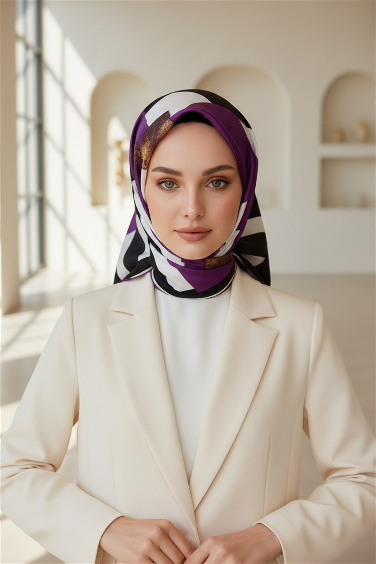 %100 Twill İpek Karo Desenli Mürdüm - Siyah Renkli 90x90 Eşarp Dikim Şekli : El Dikişi