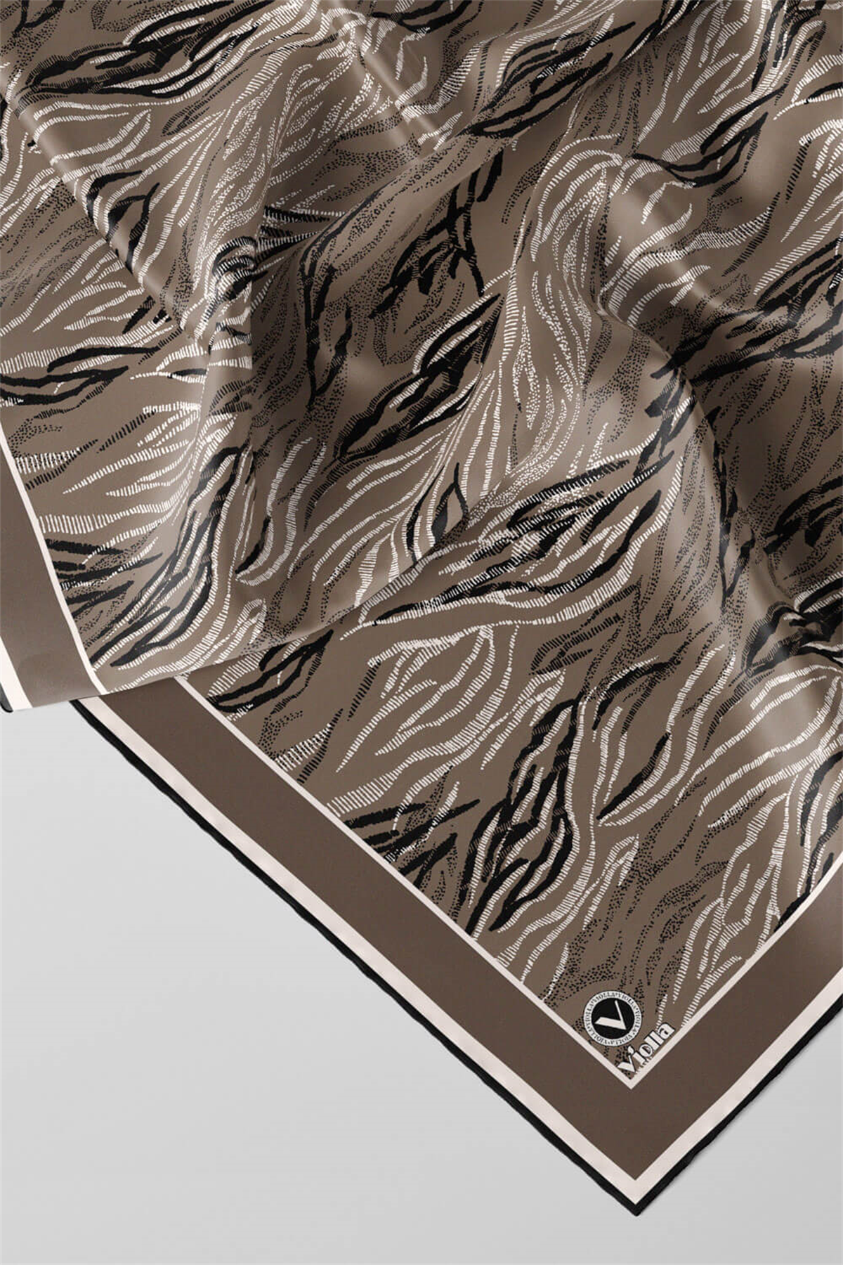 Twill Soyut Çizgi Desenli Vizon Renkli 90x90 Eşarp (İpek İçermez) Kenar Dikiş Şekli El Dikişli
