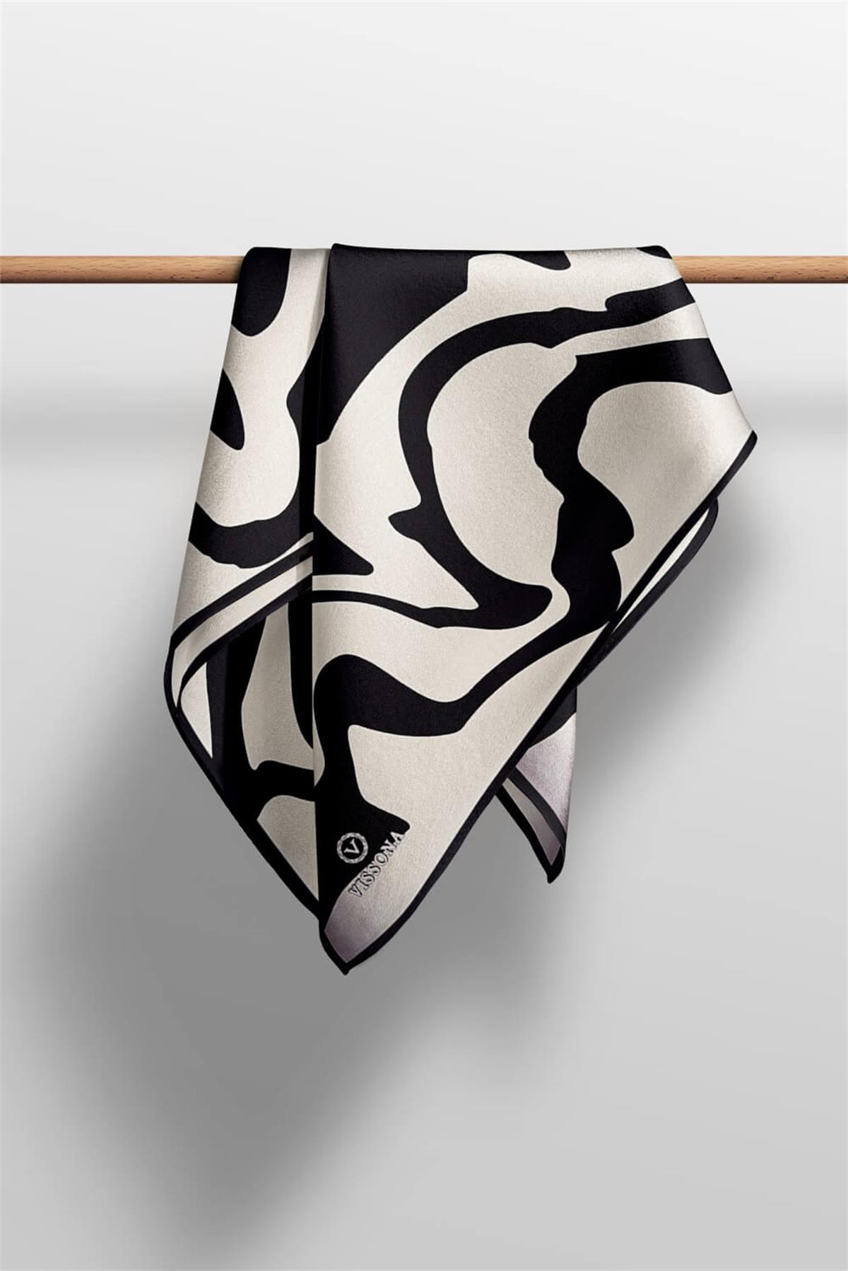 100% Twill İpek Dalga Desenli Siyah - Krem Renkli 90x90 Dikim Şekli : El Dikişi Eşarp