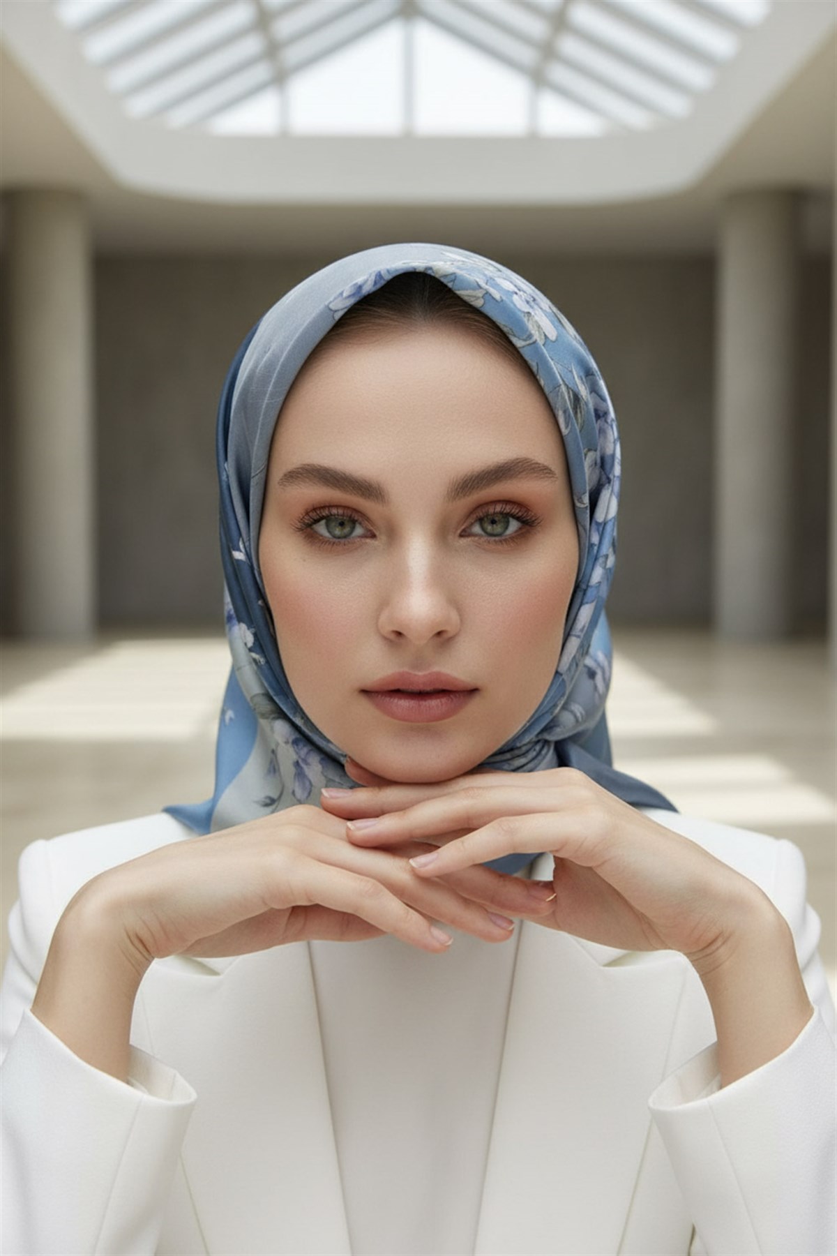 %100 Twill İpek Geometrik Ve Çiçek Desenli Bebe Mavisi Renkli 90x90 Eşarp Dikim Şekli : El Dikişi