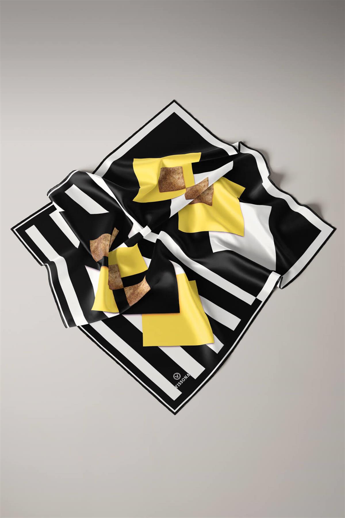 %100 Twill İpek Karo Desenli Limon Sarısı - Siyah Renkli 90x90 Eşarp Dikim Şekli : El Dikişi