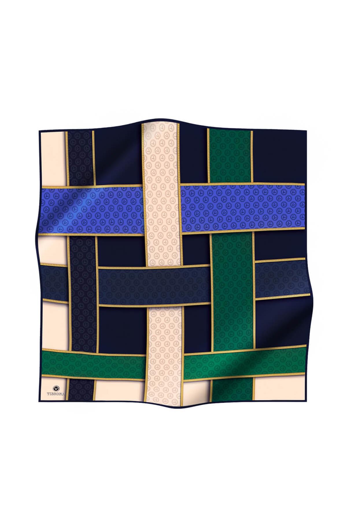 %100 Twill İpek Geometrik Desenli Zümrüt Yeşili - Saks Renkli 90x90 Eşarp Dikim Şekli : El Dikişi