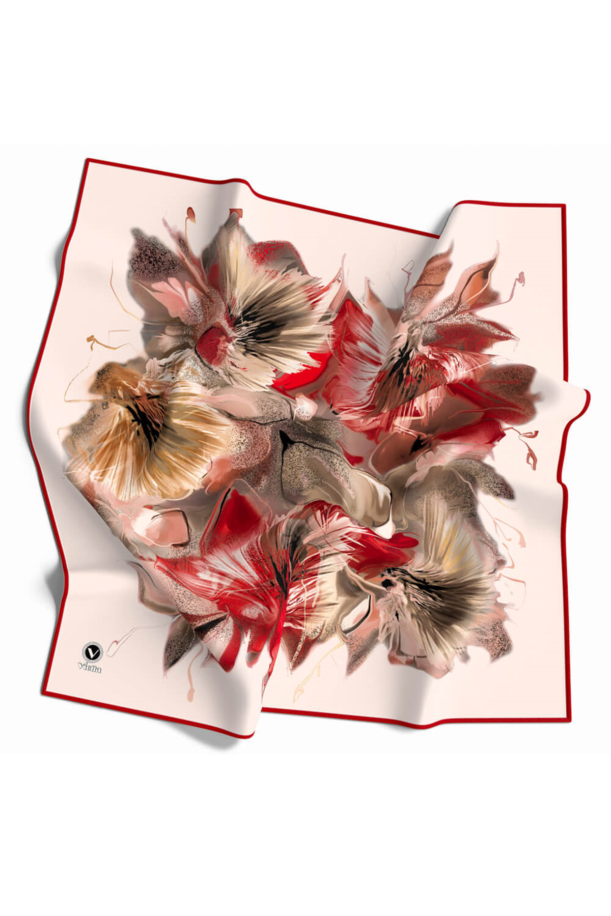 Twill Çiçek Desenli Bordo - Bej Renkli 90x90 Eşarp (İpek İçermez) Kenar Dikiş Şekli El Dikişli