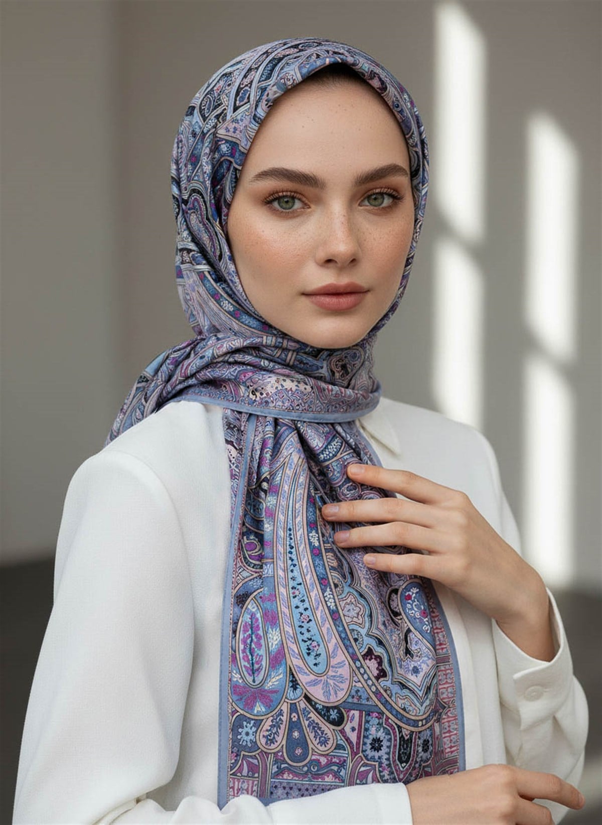 %100 Saf İpek Şal İnce Saten Vual Dokuma Etnik Desenli İndigo Renkli 90x210 Şal