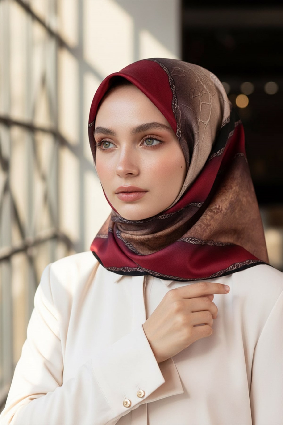 %100 Twill İpek Dokulu Geometrik Desenli Bordo - Siyah Renkli 90x90 Eşarp Dikim Şekli : El Dikişi