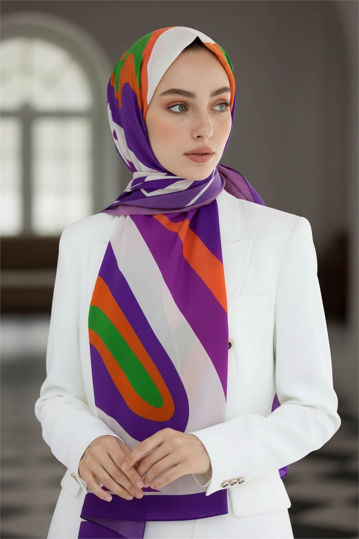 KREP GEOMETRİK DESENLİ SOMON RENKLİ 75X195 KIRIŞMAZ ŞAL