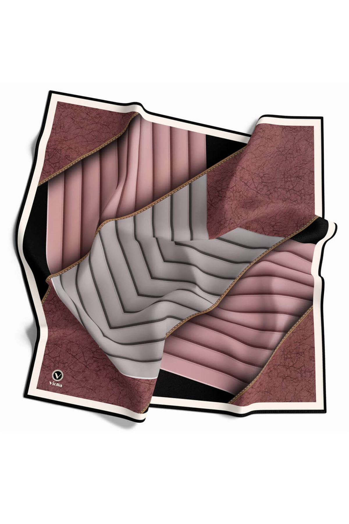 Twill Zigzag Desenli Gül Kurusu Renkli 90x90 Eşarp (İpek İçermez) Kenar Dikiş Şekli El Dikişli
