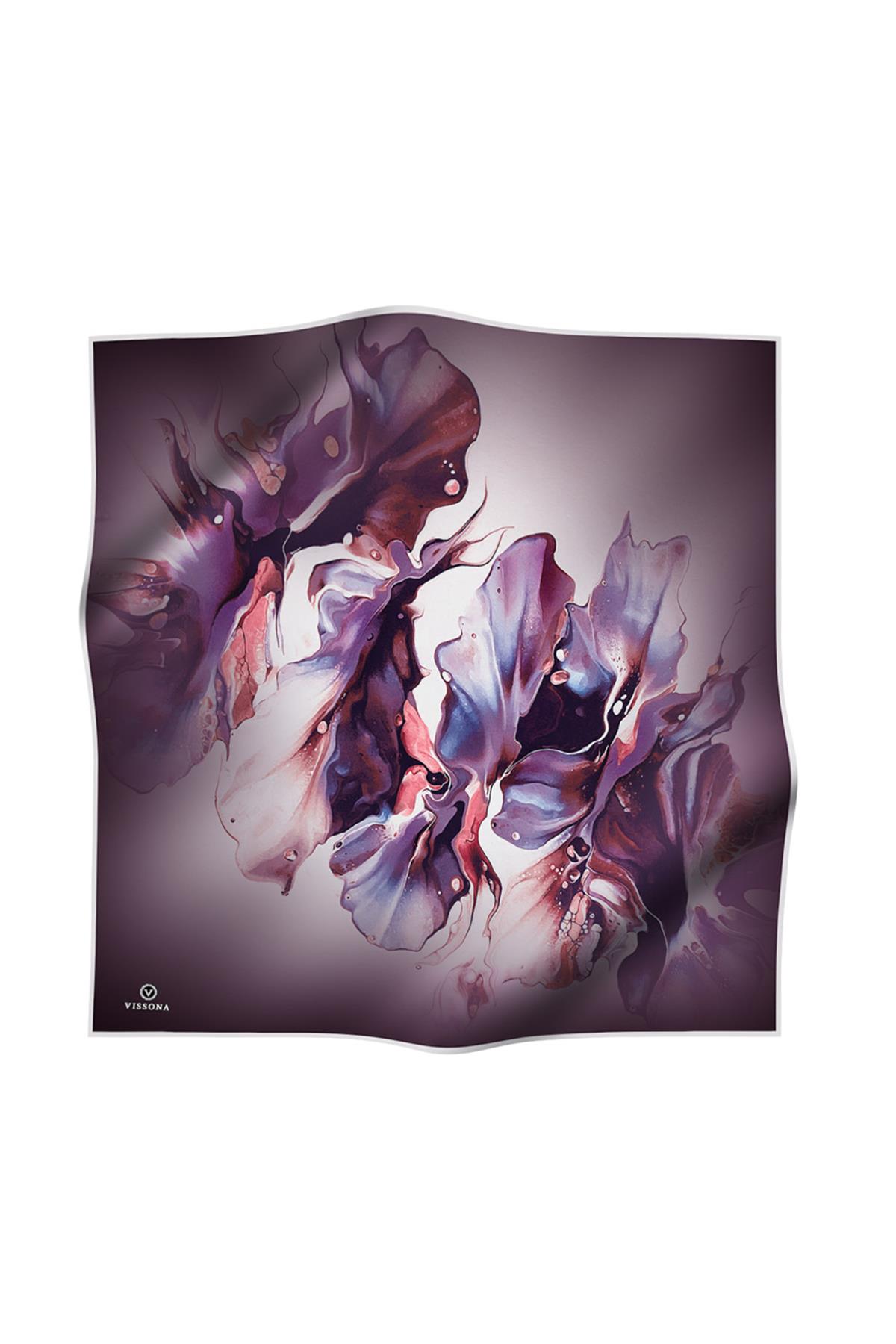 %100 Twill İpek Batik Çiçek Desenli Mürdüm - Krem Renkli 90x90 Eşarp Dikim Şekli : El Dikişi