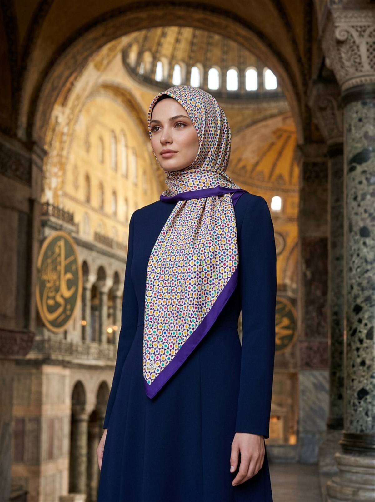%100 Twill İpek Nokta Desenli Krem - Mor Renkli 90x90 Eşarp Dikim Şekli : El Dikişi