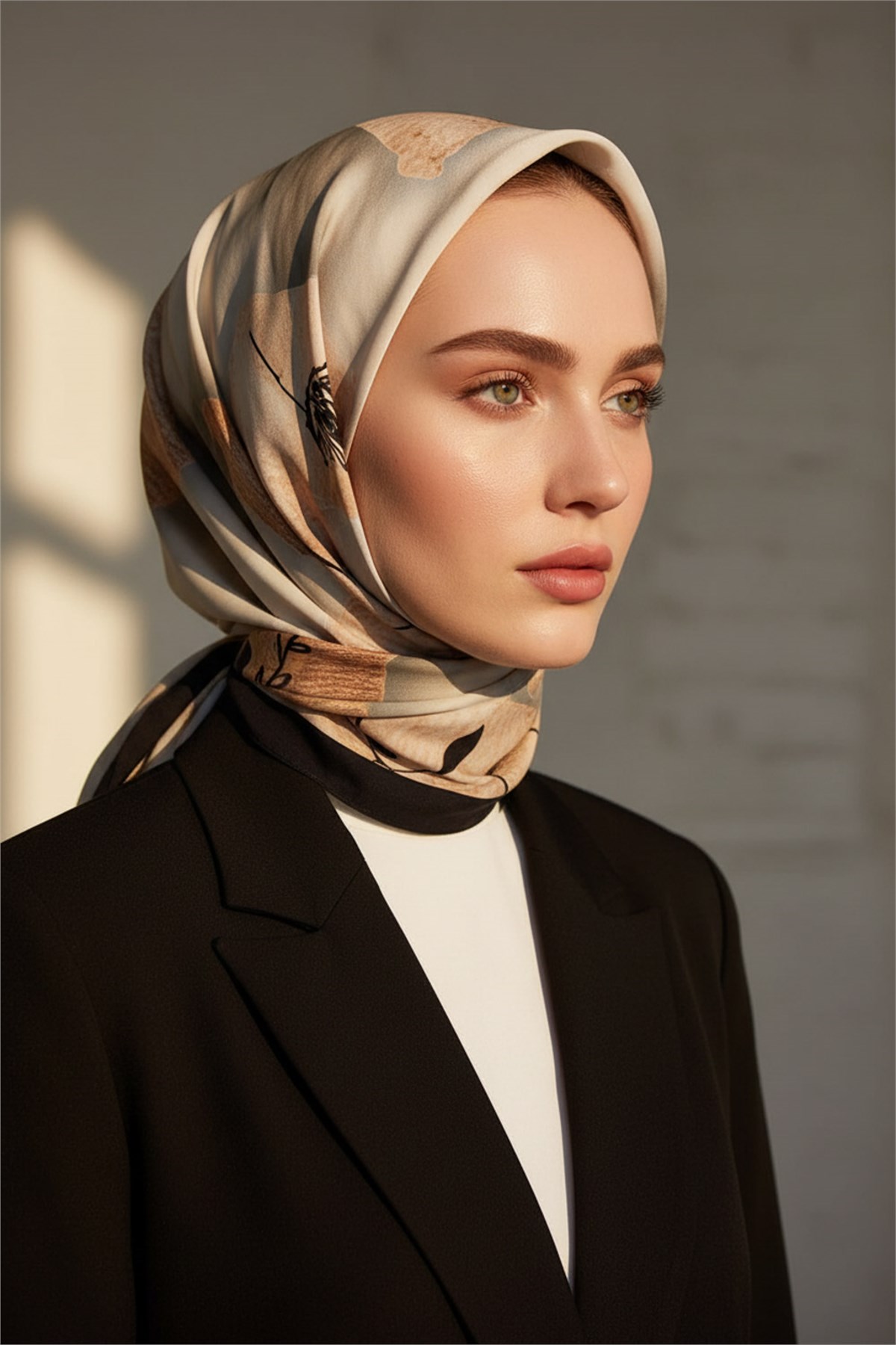 KREP FIRÇA DOKULU ÇİZGİ ÇİÇEK DESENLİ KREM - TABA RENKLİ 75X195 KIRIŞMAZ ŞAL