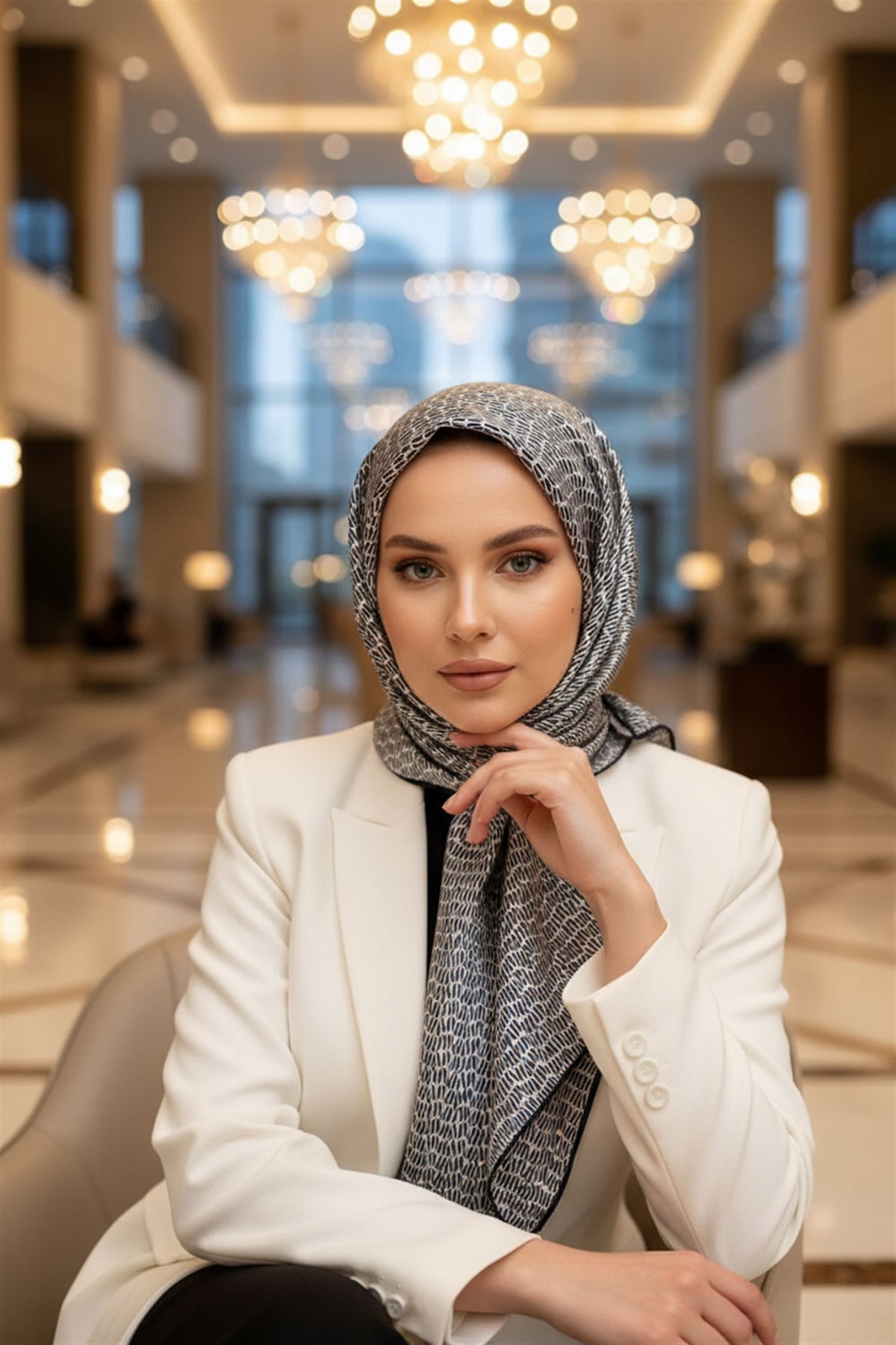 %100 Twill İpek Çizgi Desenli Krem - Lacivert Renkli 90x90 Eşarp Dikim Şekli : El Dikişi