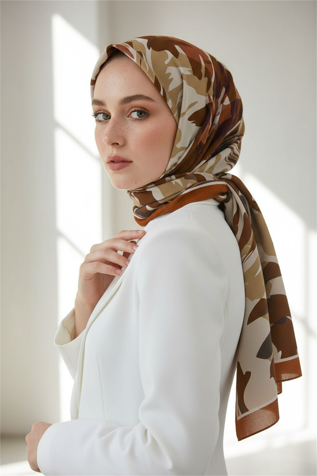 KREP GEOMETRİK DESENLİ TABA RENKLİ 75X195 KIRIŞMAZ ŞAL