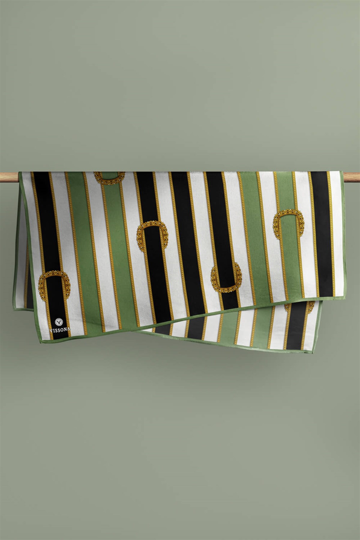 %100 Twill İpek Kemer Desenli Siyah - Haki Renkli 90x90 Eşarp Dikim Şekli : El Dikişi