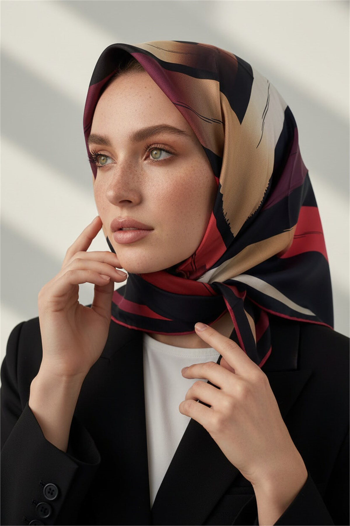 %57 İPEK %43 VİSKON Twill İpek Geometrik Fırça İzi Desenli Siyah - Bordo Renkli 90x90 Eşarp Dikim Şekli : El Dikişi