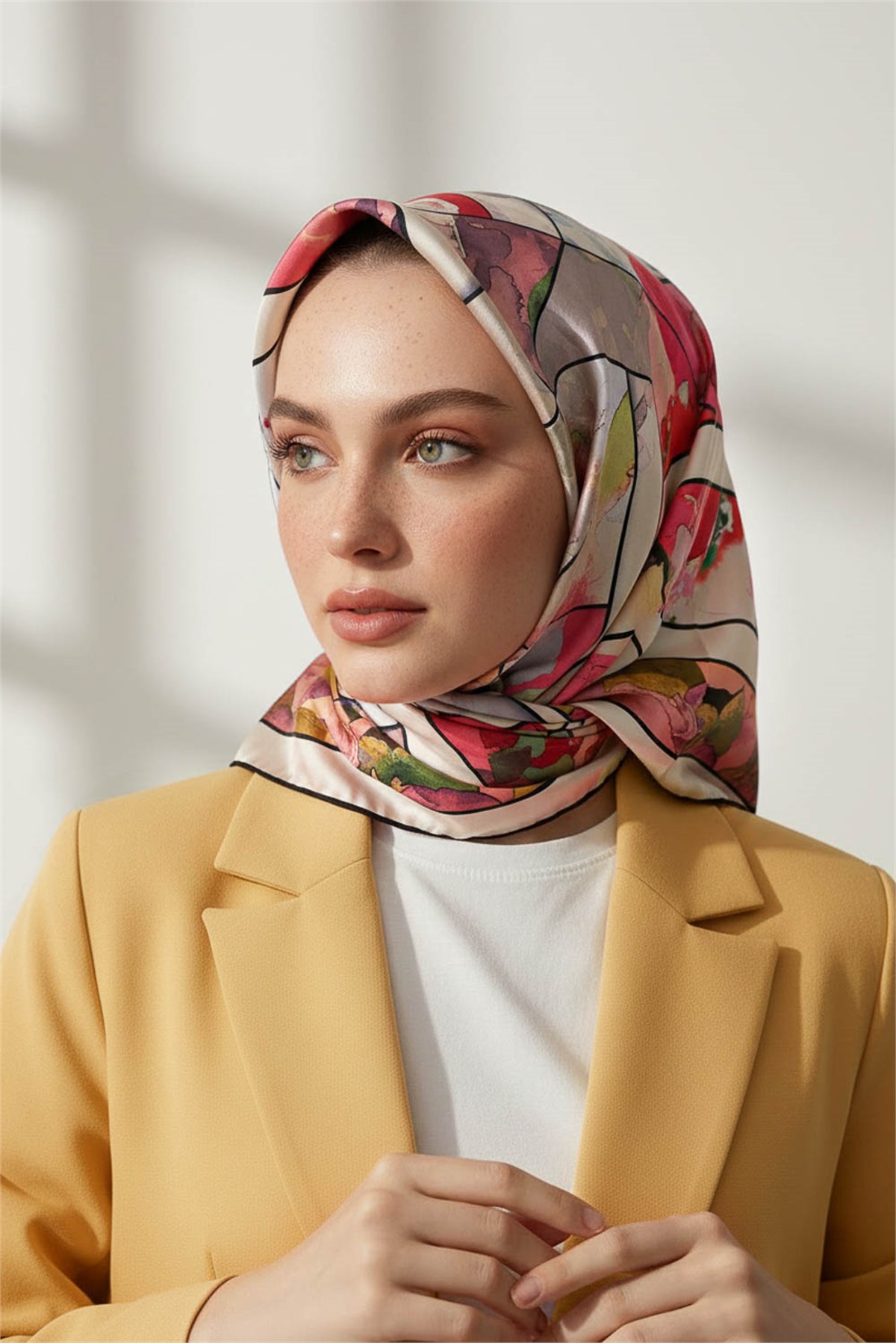 %100 Twill İpek Bahar Çiçekleri Desenli Gri - Kırmızı Renkli 90x90 Eşarp Kenar Dikiş Şekli El Dikişli