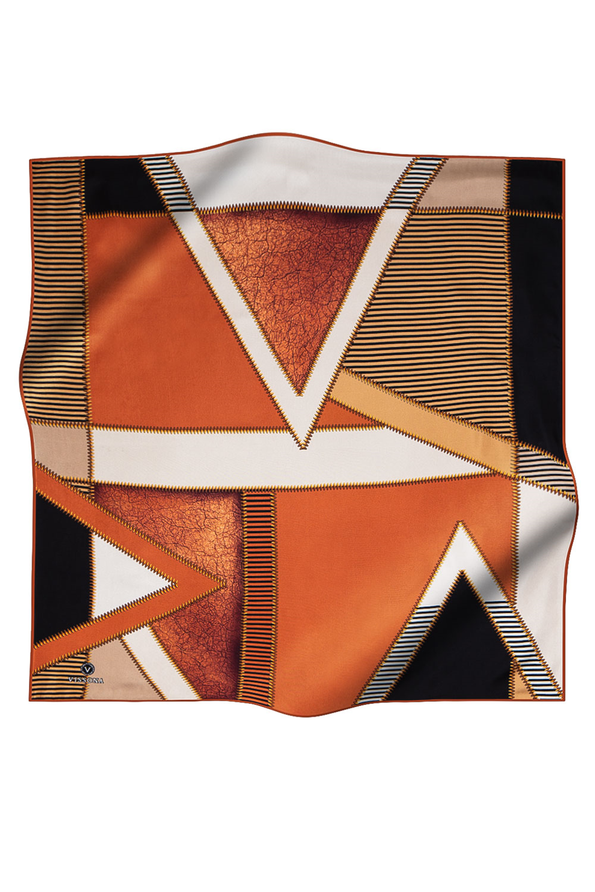 % 57 İPEK % 43 VİSKON Twill İpek Geometrik Desenli Taba - Siyah Renkli 90x90 Eşarp Dikim Şekli : El Dikişi