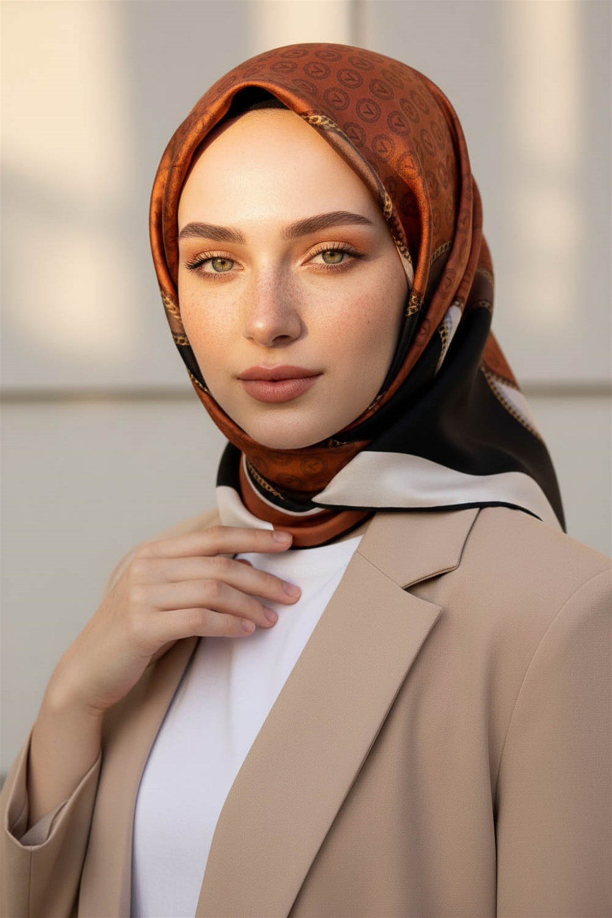 %100 Twill İpek Zincirli Ve Monogram Desenli Taba - Siyah Renkli 90x90 Eşarp Dikim Şekli : El Dikişi