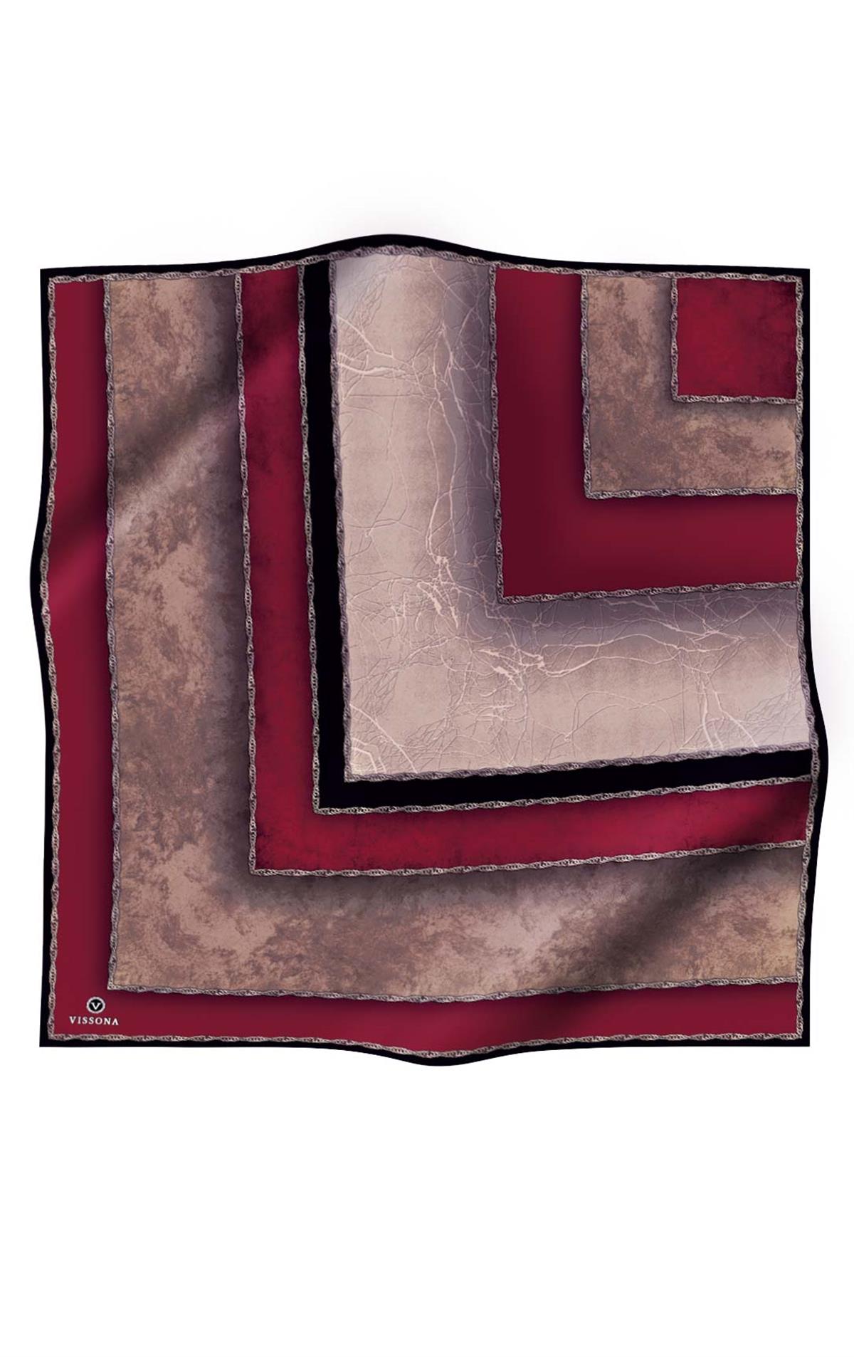 %100 Twill İpek Dokulu Geometrik Desenli Bordo - Siyah Renkli 90x90 Eşarp Dikim Şekli : El Dikişi