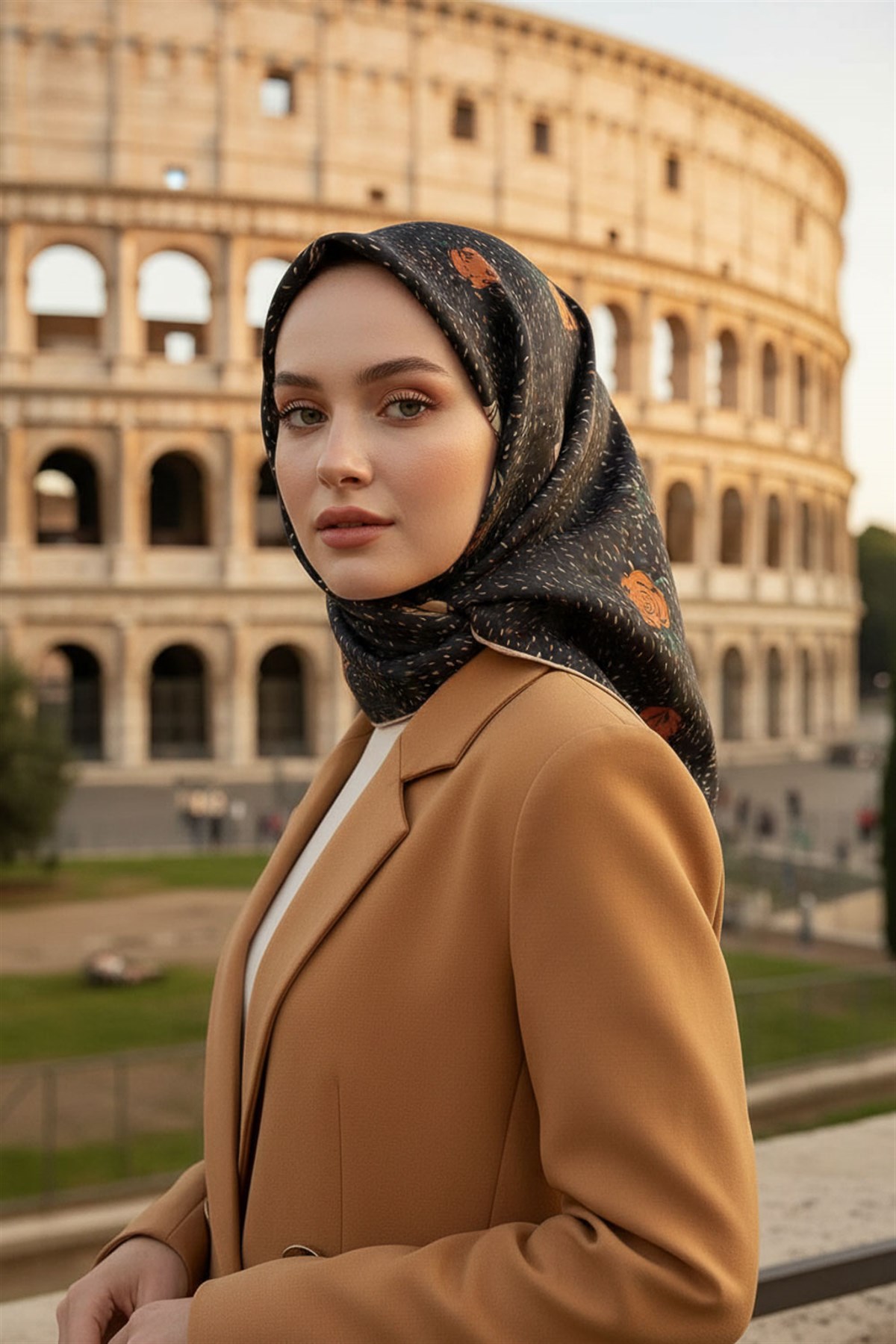 %100 Twill İpek Çıtır Çiçek Desenli Siyah - Taba Renkli 90x90 Eşarp Dikim Şekli : El Dikişi