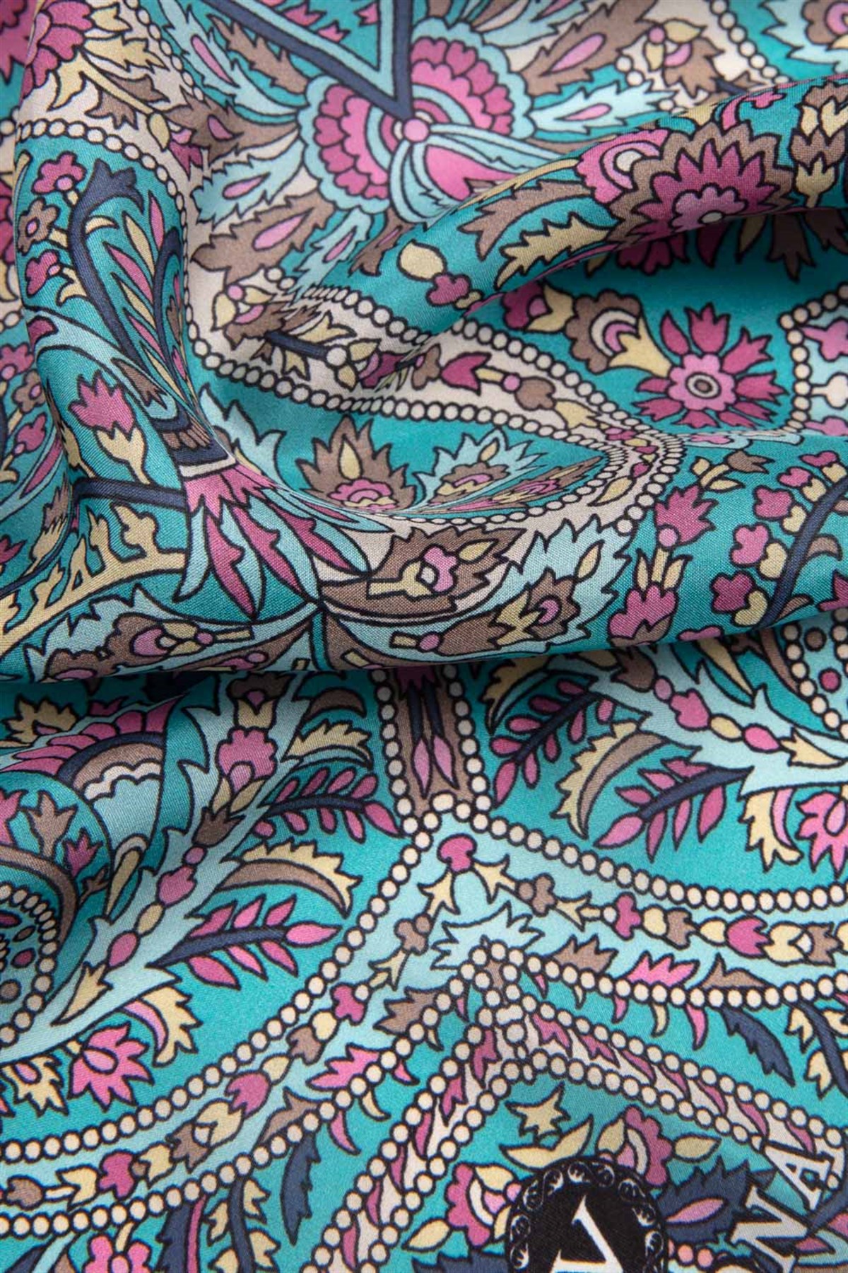 100% İpek Etro Desenli Petrol Yeşili - Pembe Renkli 92x210 Şal