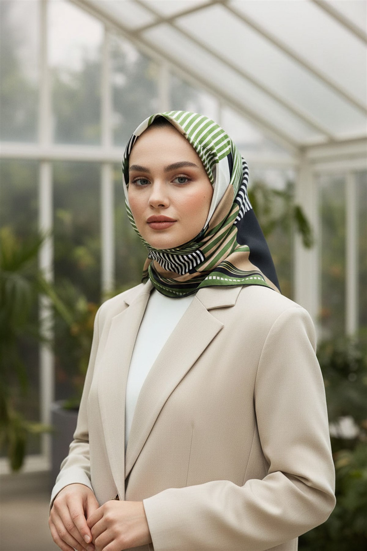 %100 Twill İpek Geometrik Desenli Haki Renkli 90x90 Eşarp Dikim Şekli : El Dikişi