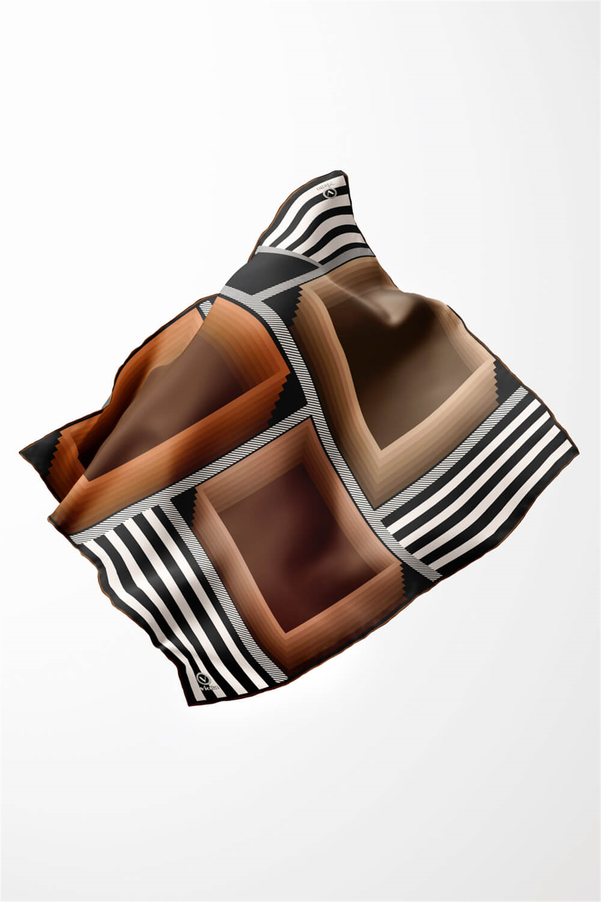 Twill Geometrik Desenli Taba Renkli 90x90 Eşarp (İpek İçermez) Kenar Dikiş Şekli El Dikişli