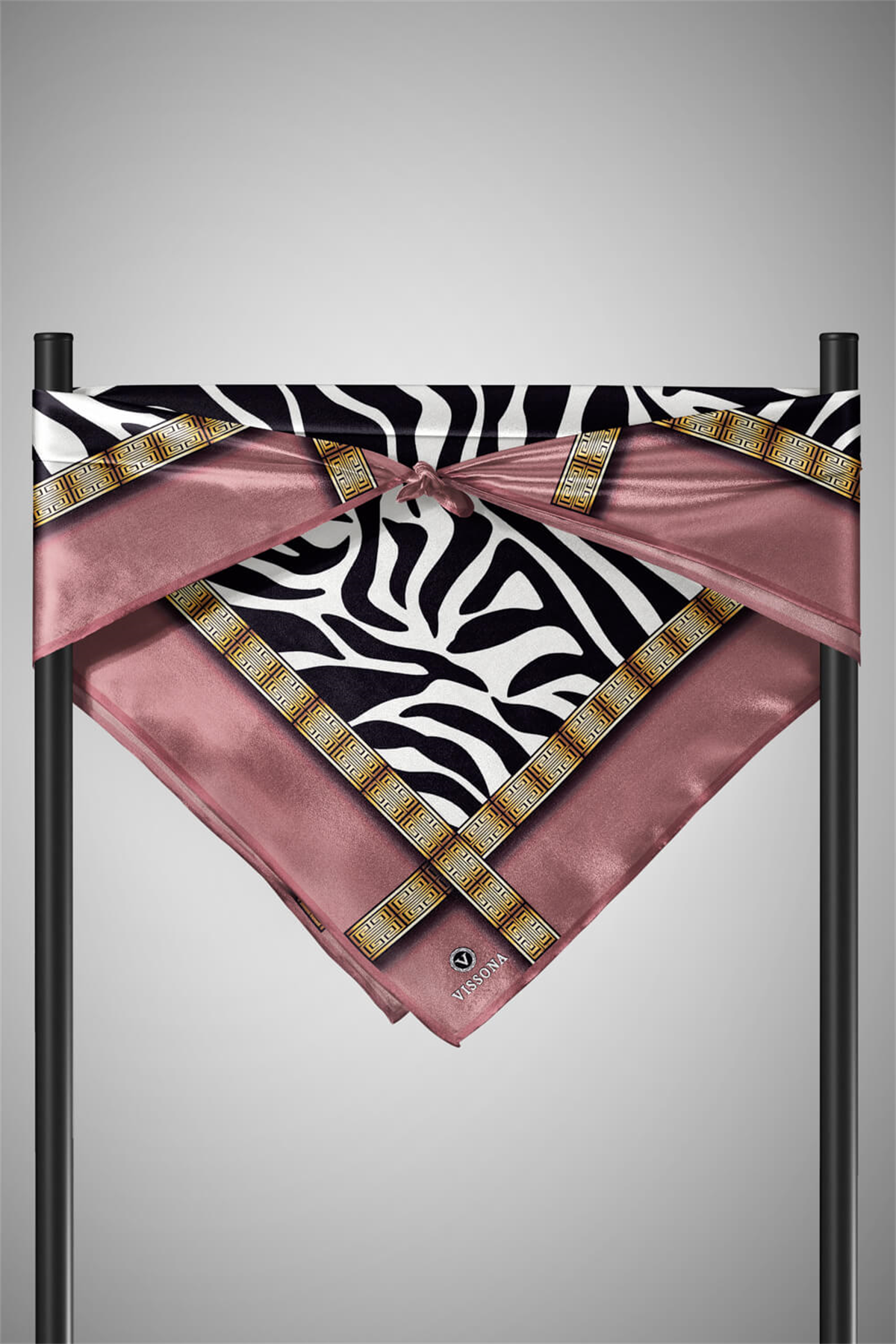 %100 Twill İpek Zebra Desenli Pudra - Gold Renkli 90x90 Eşarp Dikim Şekli : El Dikişi