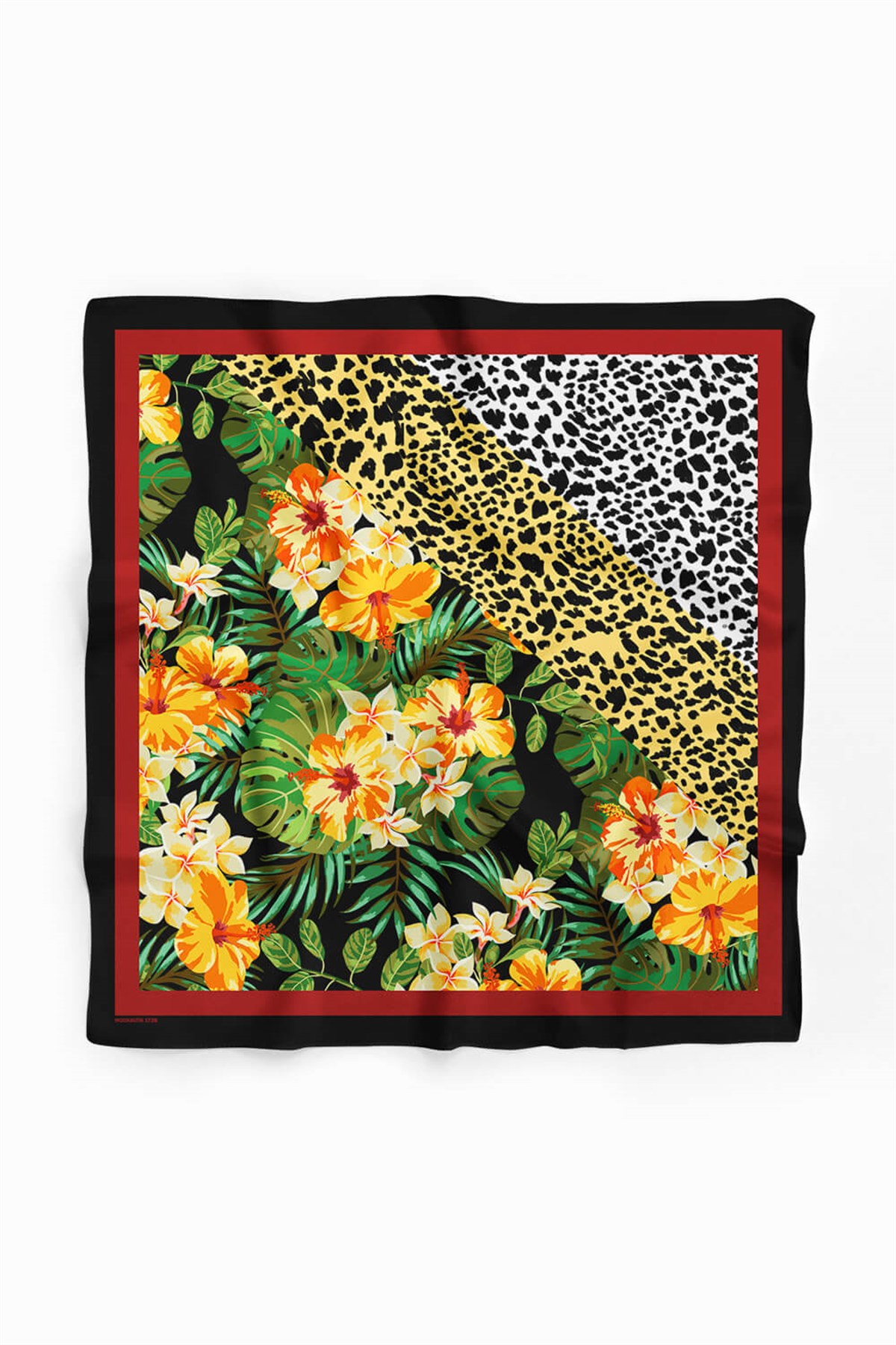Kadın Turuncu Siyah Beyaz Çiçek Desenli 50x50 Bandana