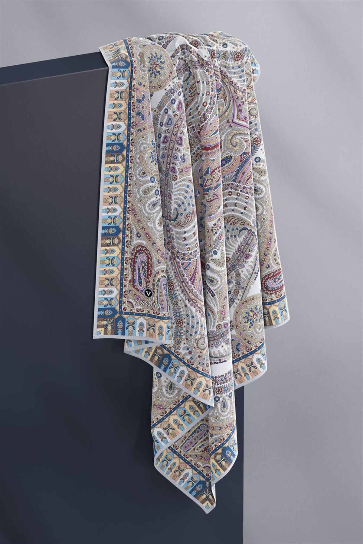 %100 Twill İpek Etro Desenli Gri - Somon Renkli 90x90 Eşarp Dikim Şekli : El Dikişi