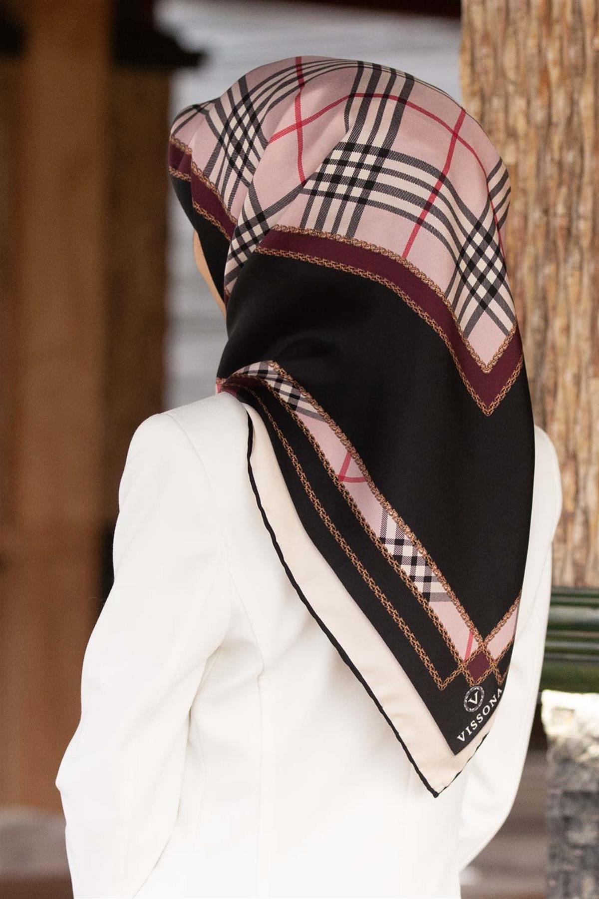 %100 Twill İpek Ekose Desenli Pudra - Şarabi Renkli 90x90 Eşarp Dikim Şekli : El Dikişi