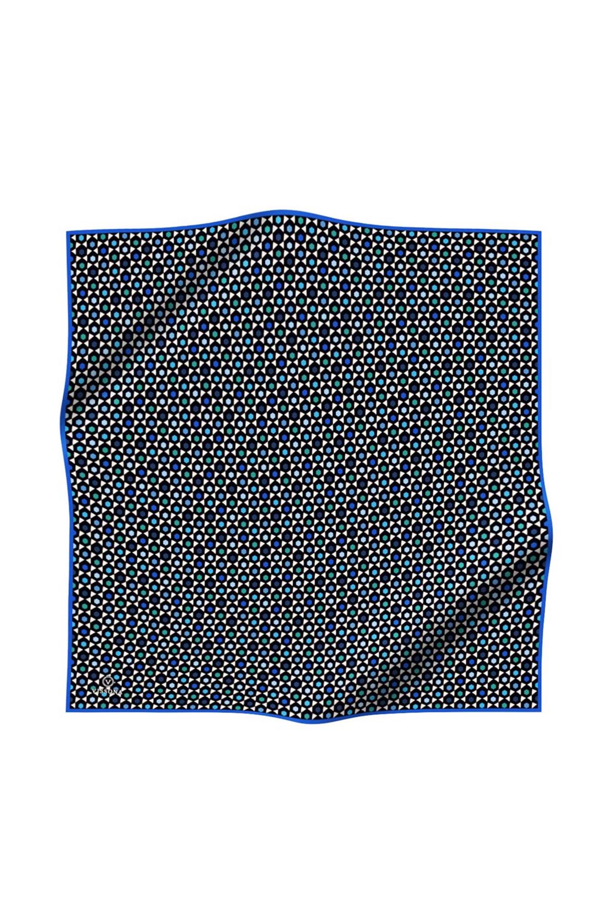 %100 Twill İpek Nokta Desenli Siyah - Saks Renkli 90x90 Eşarp Dikim Şekli : El Dikişi