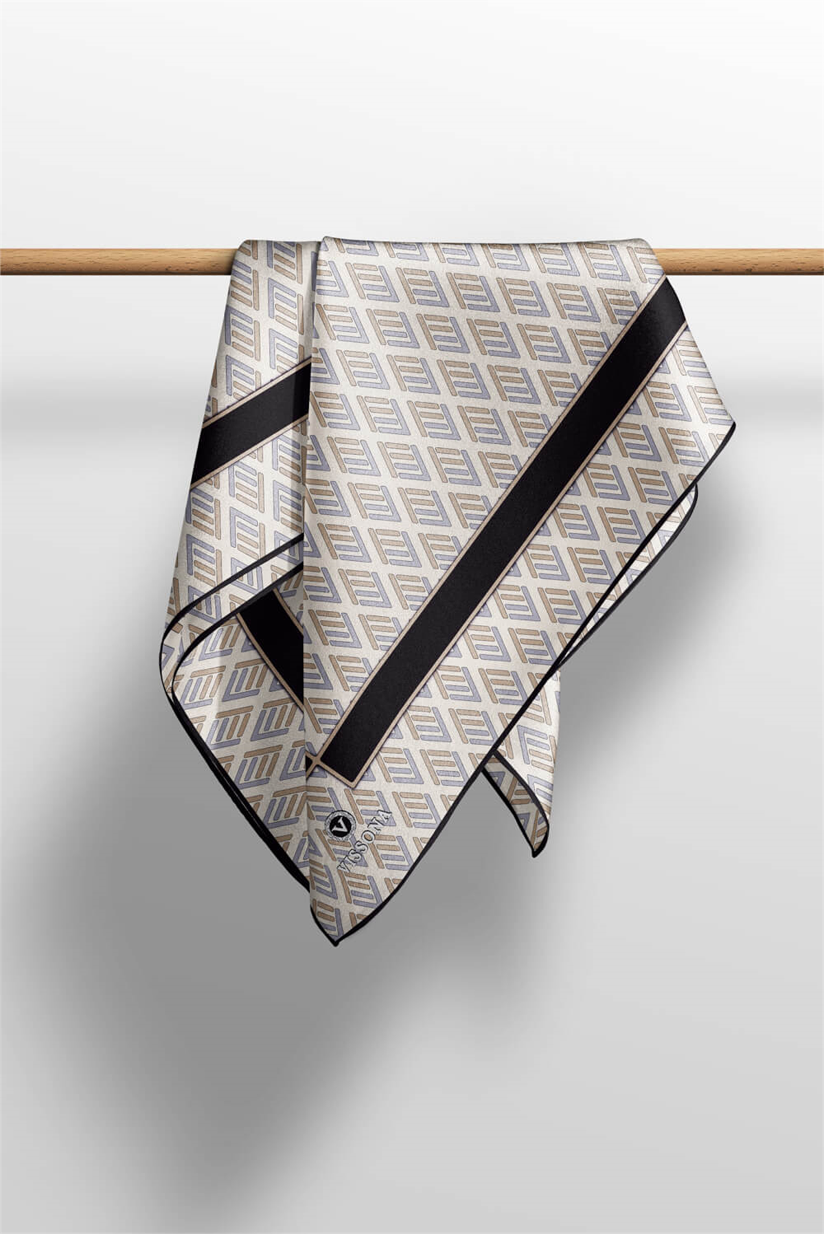 % 57 İPEK % 43 VİSKON Twill İpek Geometrik Desenli Gri - Bej Renkli 90x90 Eşarp Dikim Şekli : El Dikişi