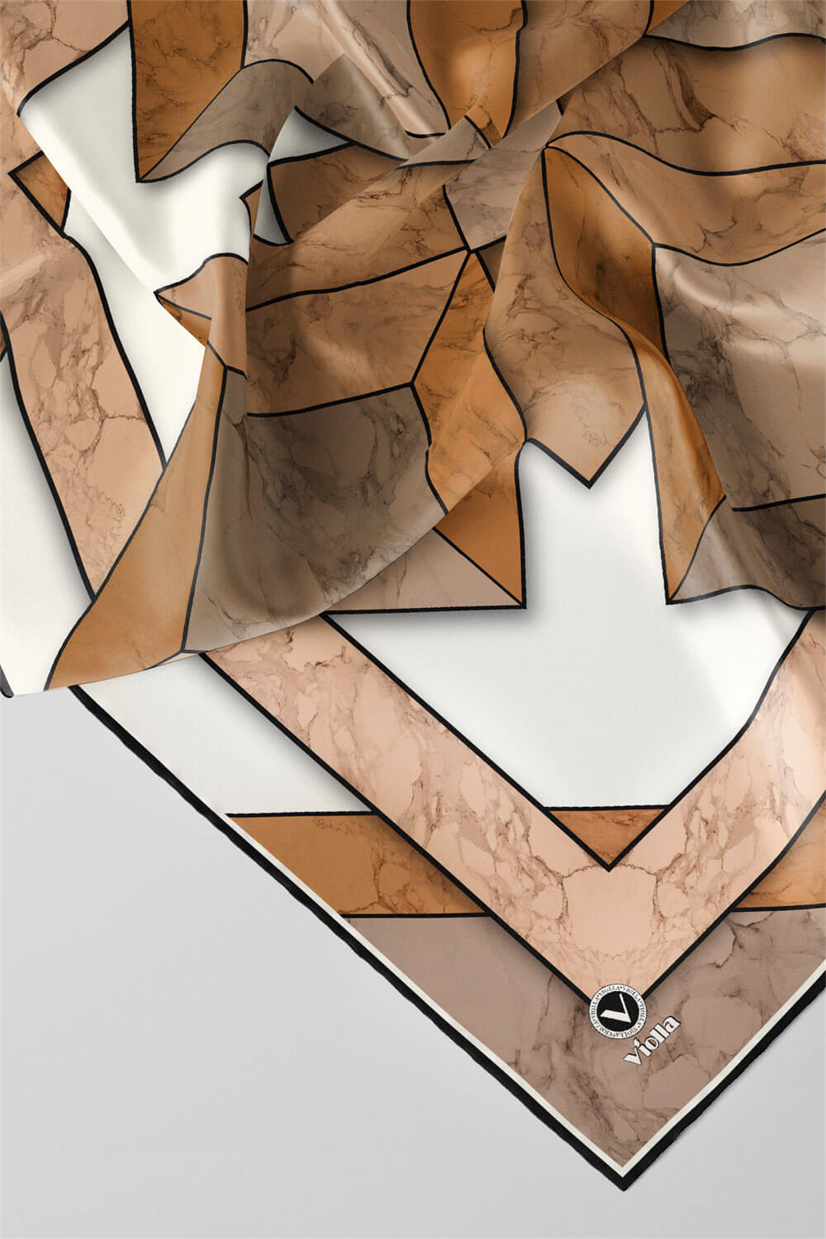 Twill Mermer Desenli Hardal - Bej Renkli 90x90 Eşarp (İpek İçermez) Kenar Dikiş Şekli El Dikişli