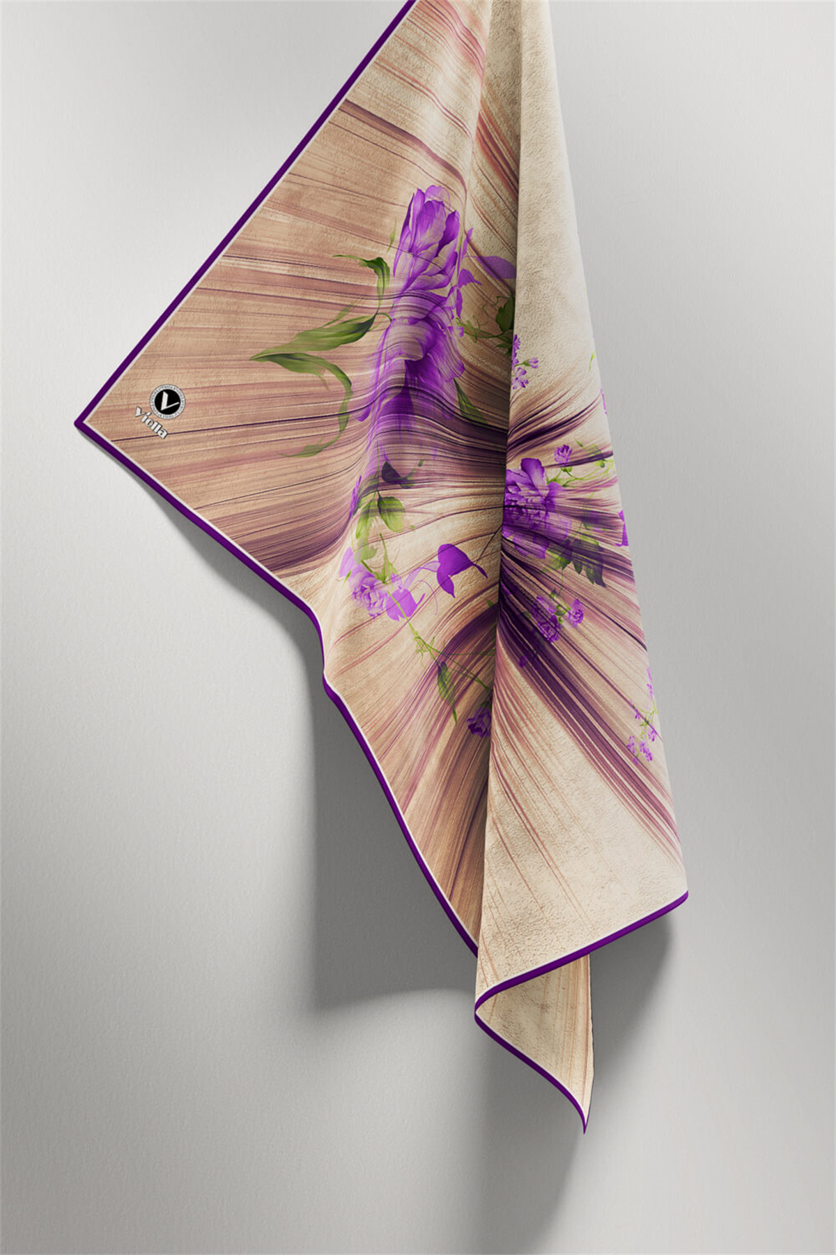 Twill Çiçekli Desenli Mor Renkli 90x90 Eşarp (İpek İçermez) Kenar Dikiş Şekli El Dikişli