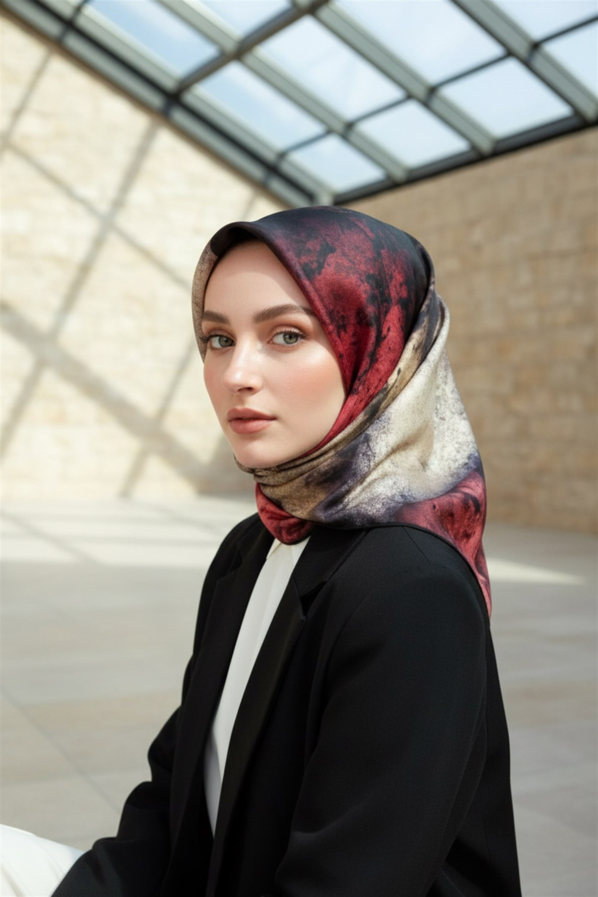 % 57 İPEK % 43 VİSKON Twill İpek Dokulu Ve Geometrik Desenli Bordo - Bej Renkli 90x90 Eşarp Dikim Şekli : El Dikişi