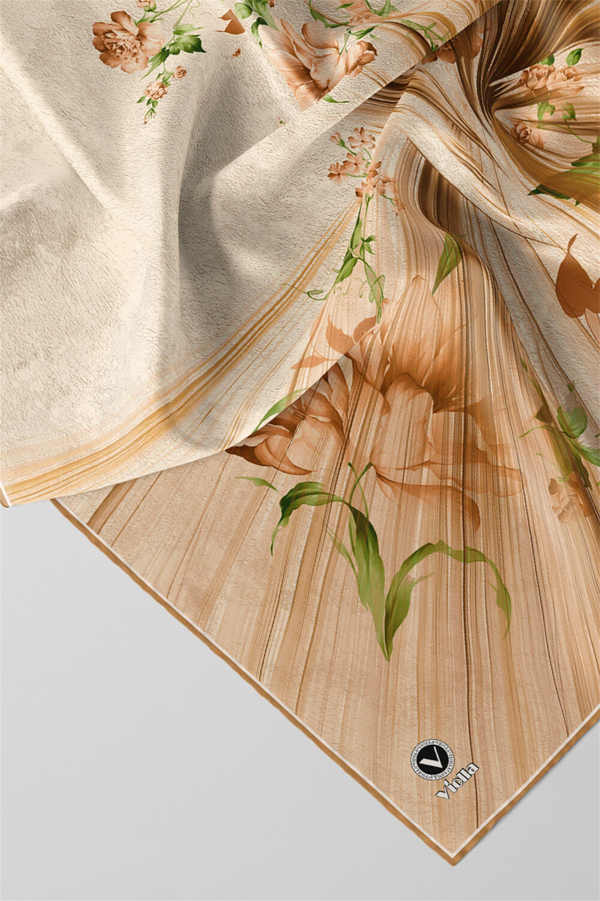Twill Çiçekli Desenli Hardal Renkli 90x90 Eşarp (İpek İçermez) Kenar Dikiş Şekli El Dikişli
