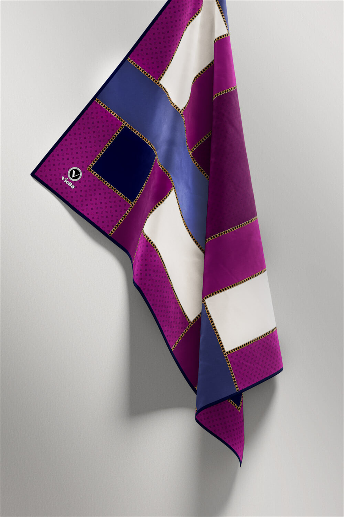 Twill Geometrik Desenli Mürdüm - İndigo Renkli 90x90 Eşarp (İpek İçermez) Kenar Dikiş Şekli El Dikişli