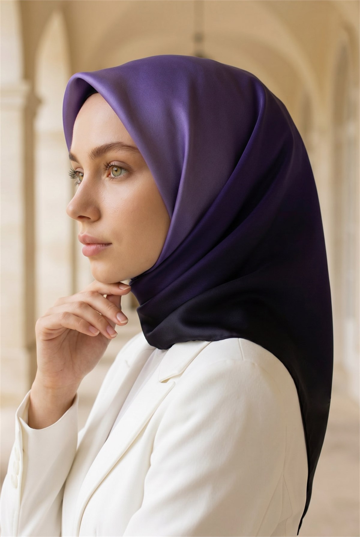 %100 Twill İpek Eşarp 90x90 Mor Degrade Desenli El Dikişli Kadın Eşarp