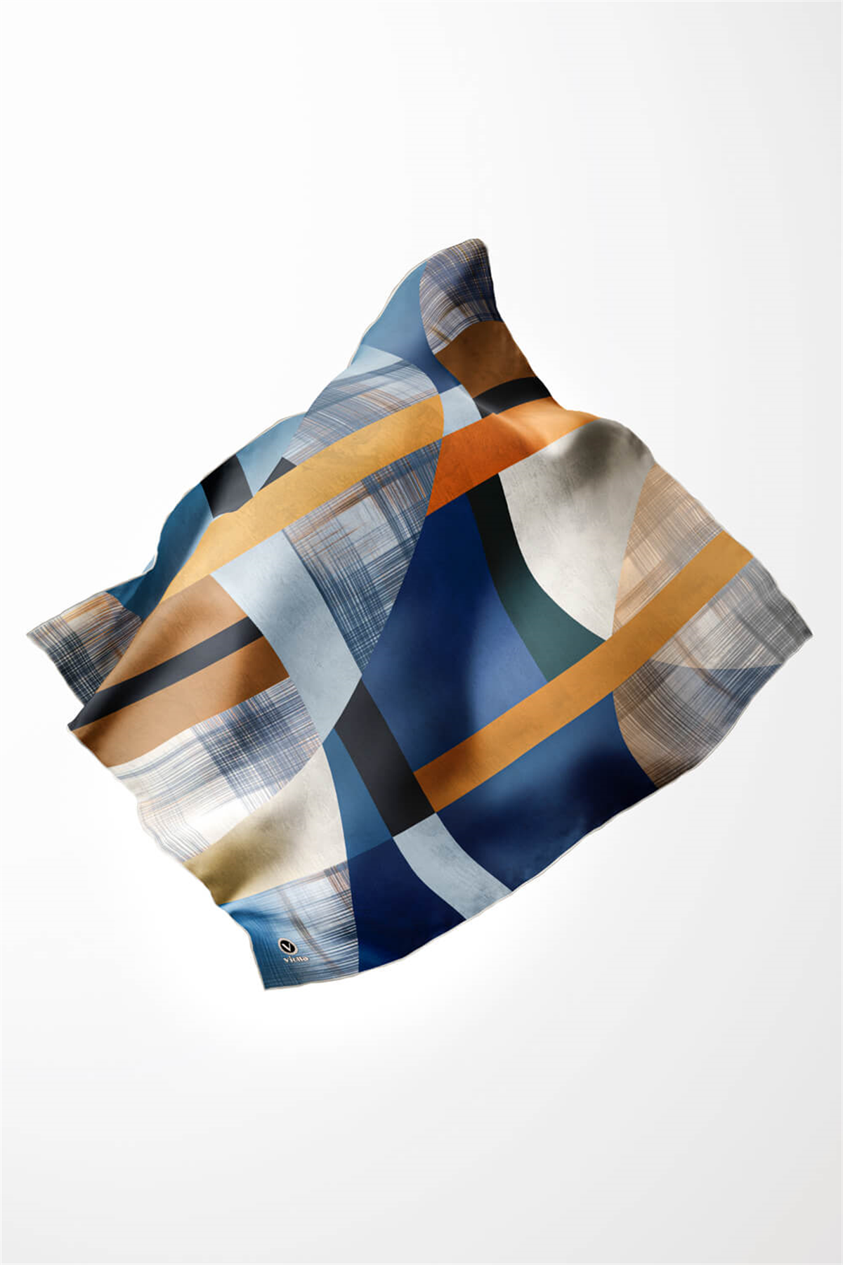 Twill Geometrik Desenli İndigo Renkli 90x90 Eşarp (İpek İçermez) Kenar Dikiş Şekli El Dikişli