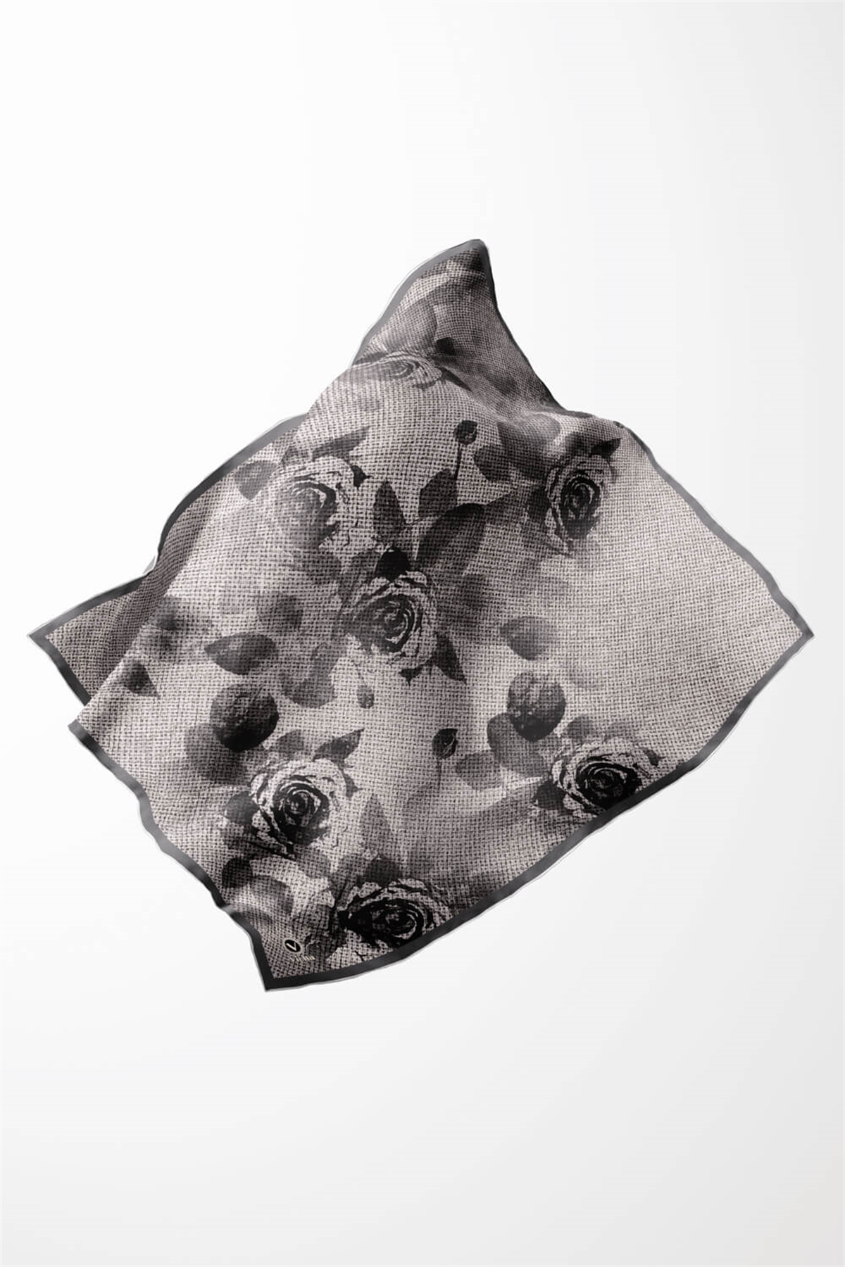 Twill Gül Desenli Gri Renkli 90x90 Eşarp (İpek İçermez) Kenar Dikiş Şekli El Dikişli