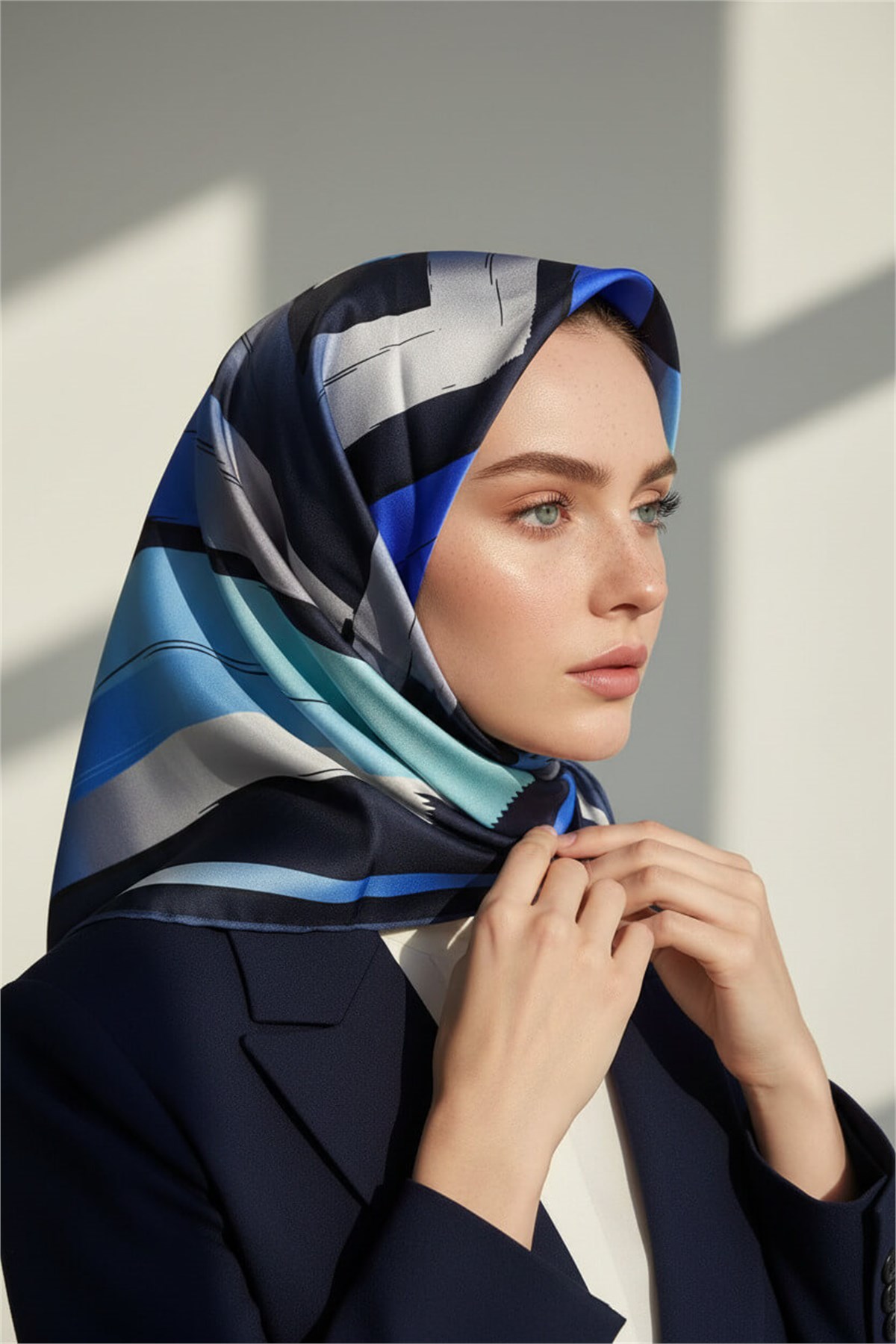 %100 Twill İpek Geometrik Fırça İzi Desenli Lacivert - Saks Renkli 90x90 Eşarp Dikim Şekli : El Dikişi