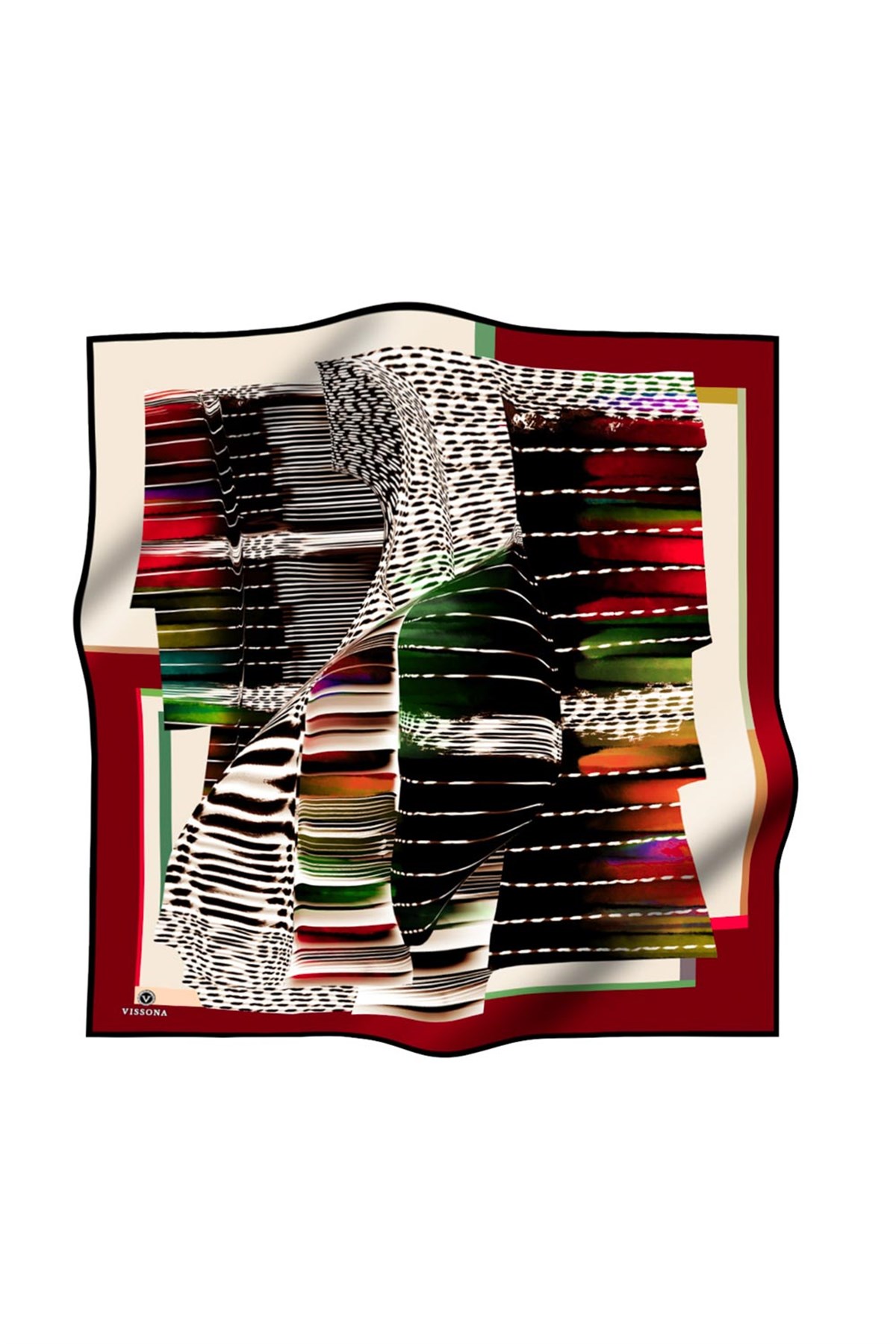 %100 Twill İpek Geometrik Desenli Bordo - Krem Renkli 90x90 Eşarp Dikim Şekli : El Dikişi
