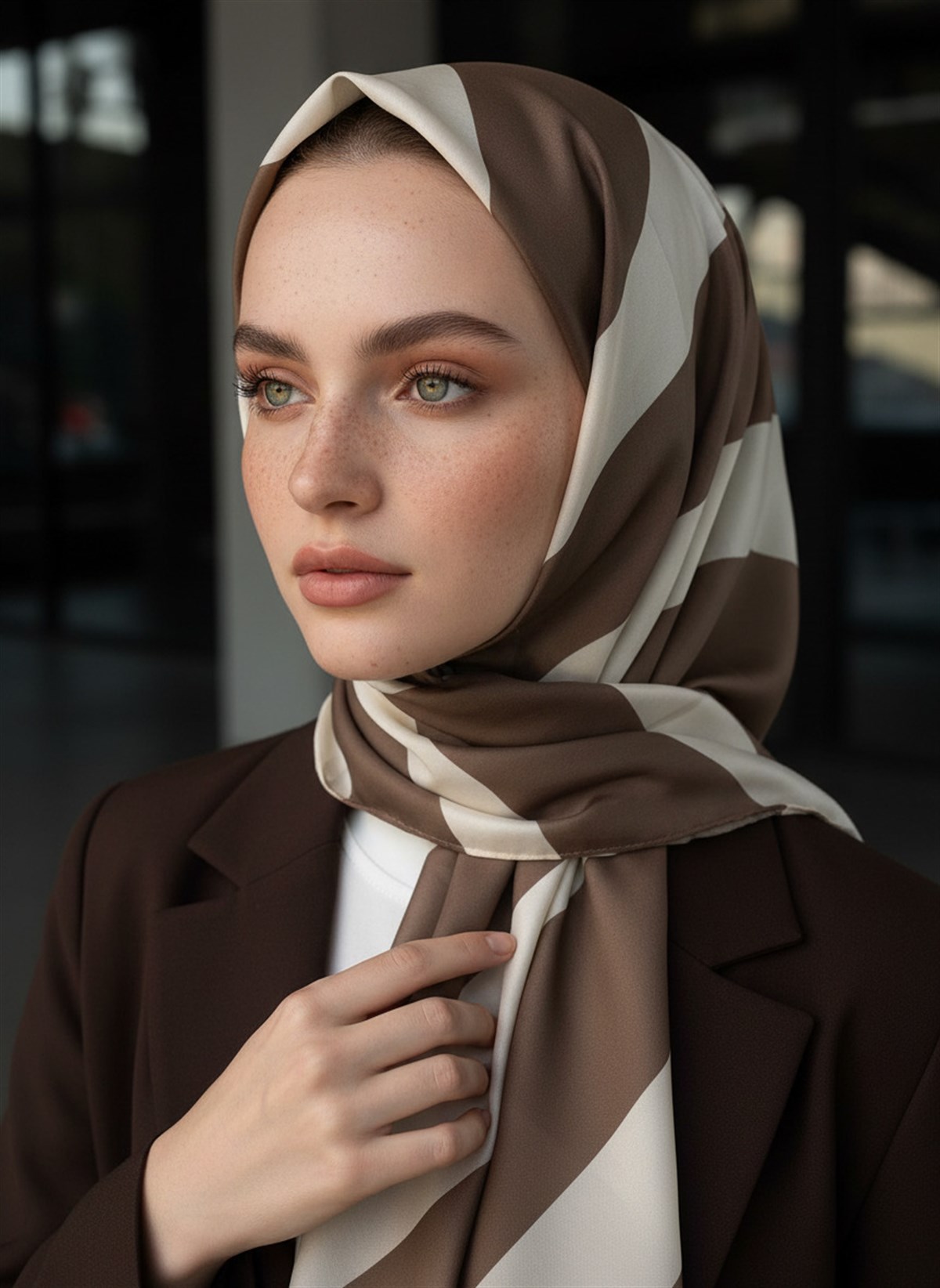 %100 Saf İpek Şal İnce Saten Vual Dokuma Çizgili Desenli Vizon - Krem Renkli 90x210 Şal