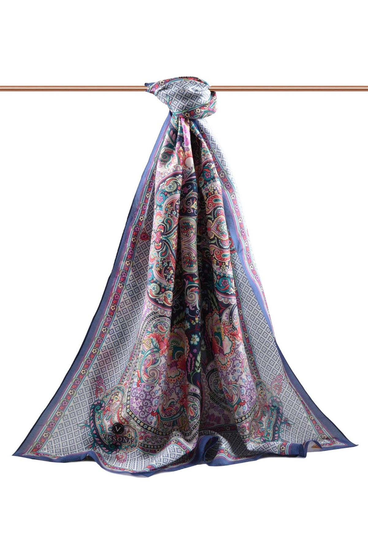 %100 İPEK ETRO DESENLİ LACİVERT - TURUNCU RENKLİ ŞAL