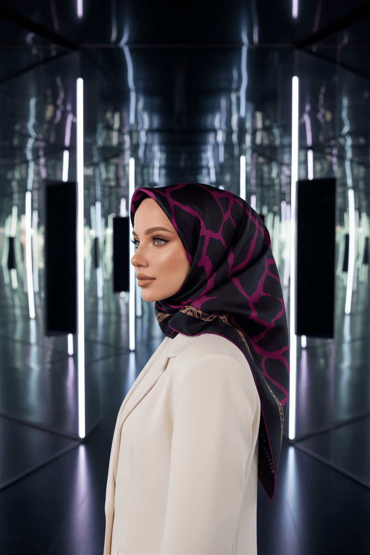 %100 Twill Taş Desenli Mürdüm - Siyah Renkli 90x90 Eşarp Dikim Şekli: El Dikişi