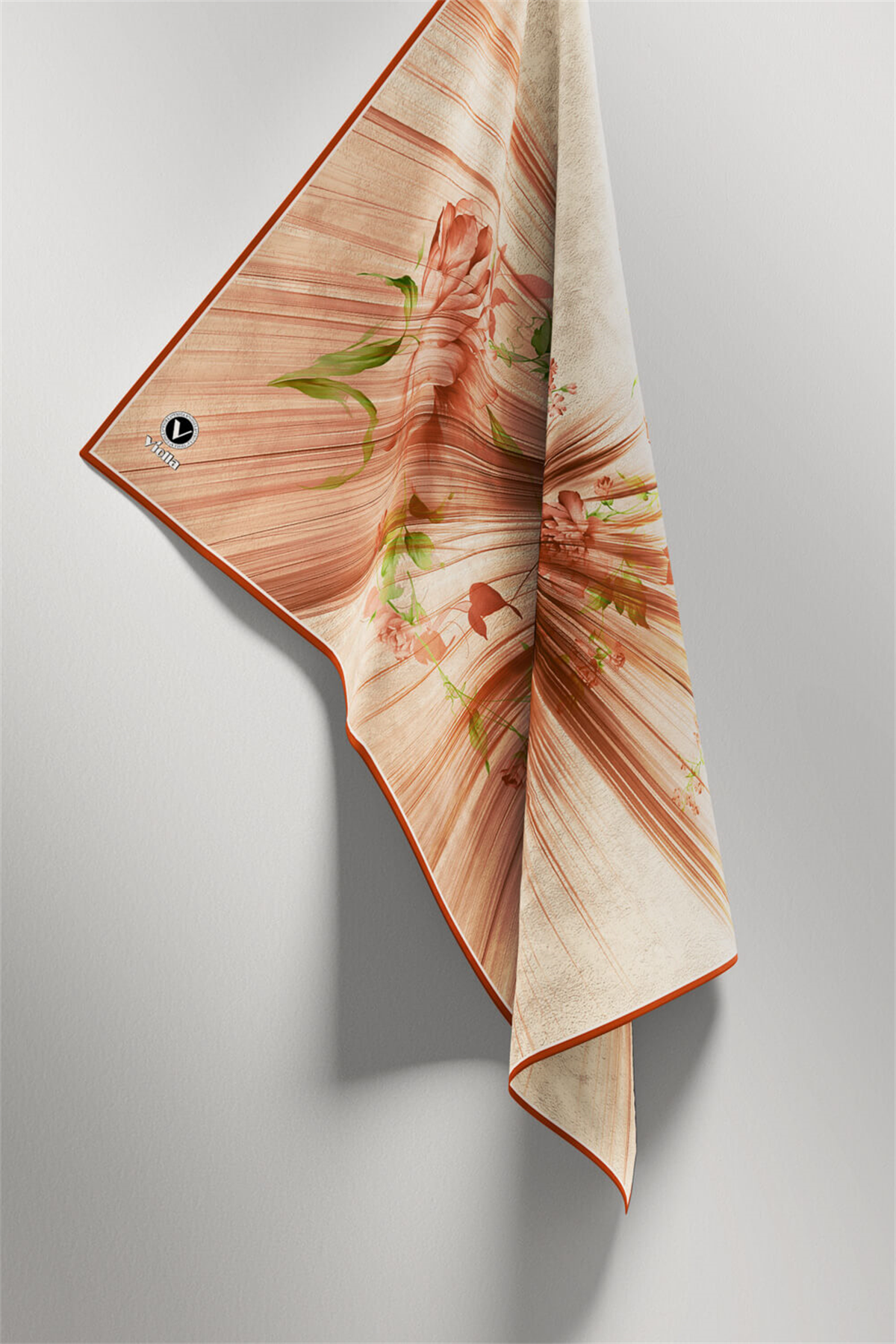 Twill Çiçekli Desenli Taba Renkli 90x90 Eşarp (İpek İçermez) Kenar Dikiş Şekli El Dikişli