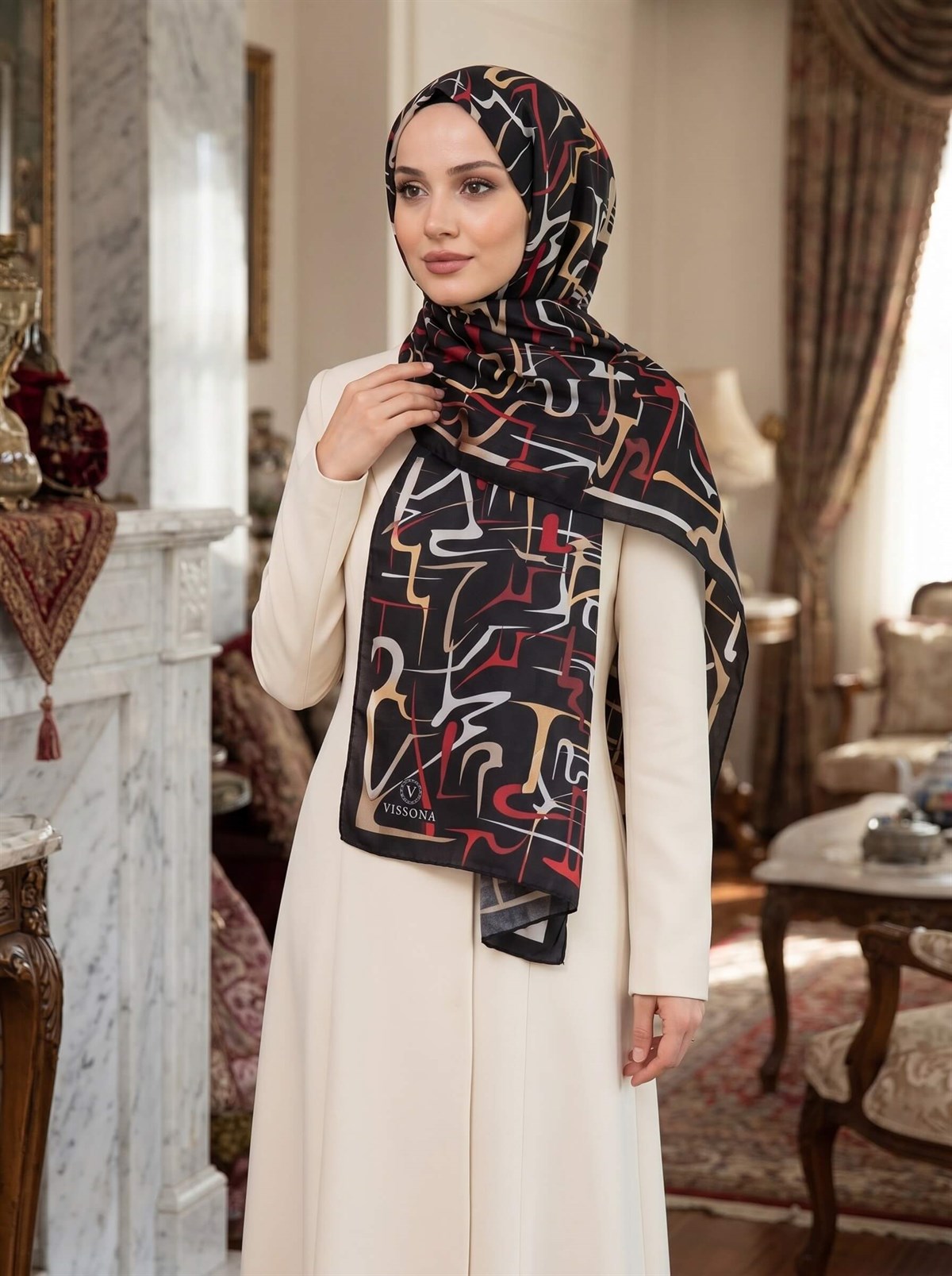 %100 Saf İpek Şal İnce Saten Vual Dokuma Çizgili Desenli Siyah - Bordo Renkli 90x210 Şal