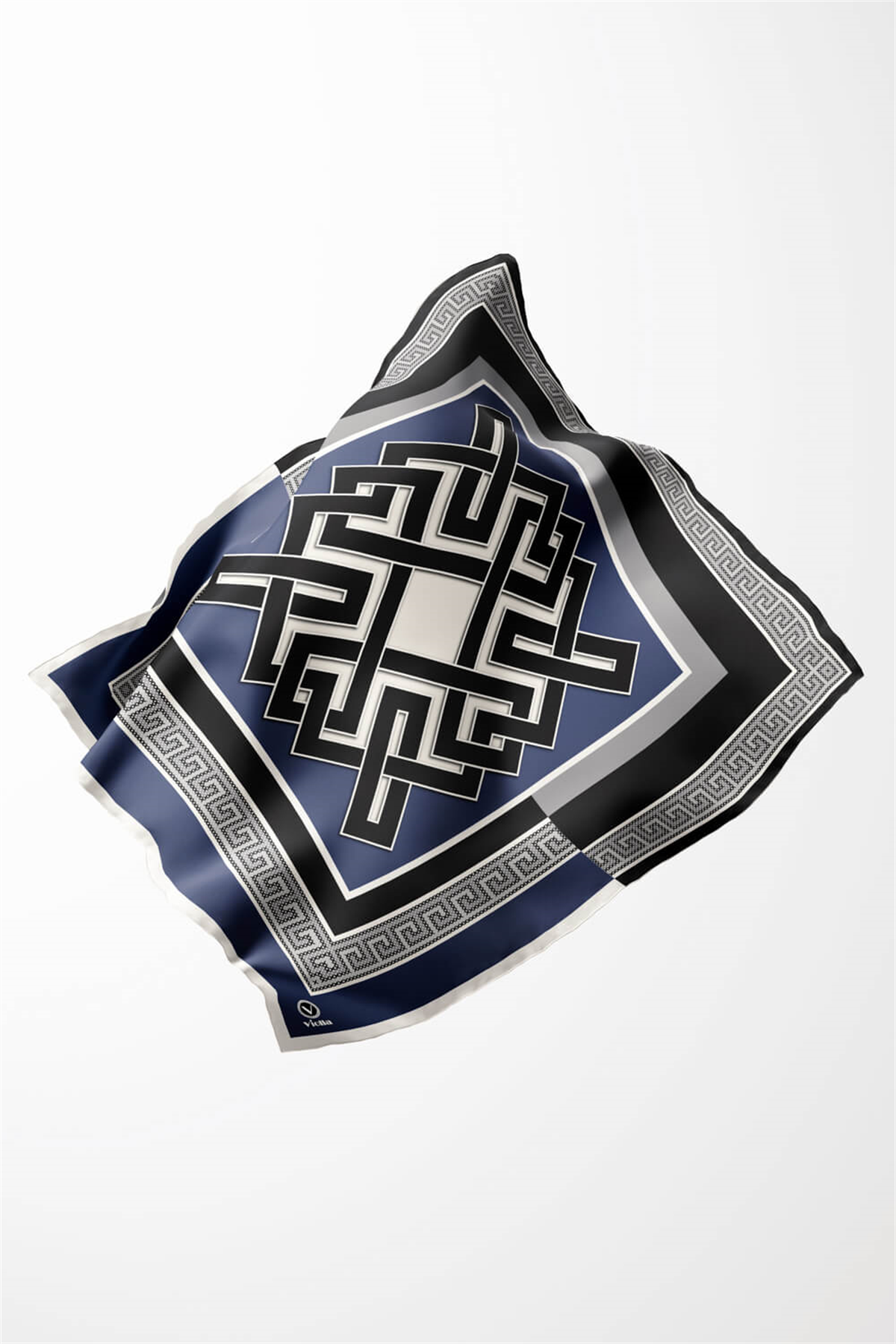 Twill Çizgili Sonsuzluk Düğümü Desenli İndigo Renkli 90x90 Eşarp (İpek İçermez)
