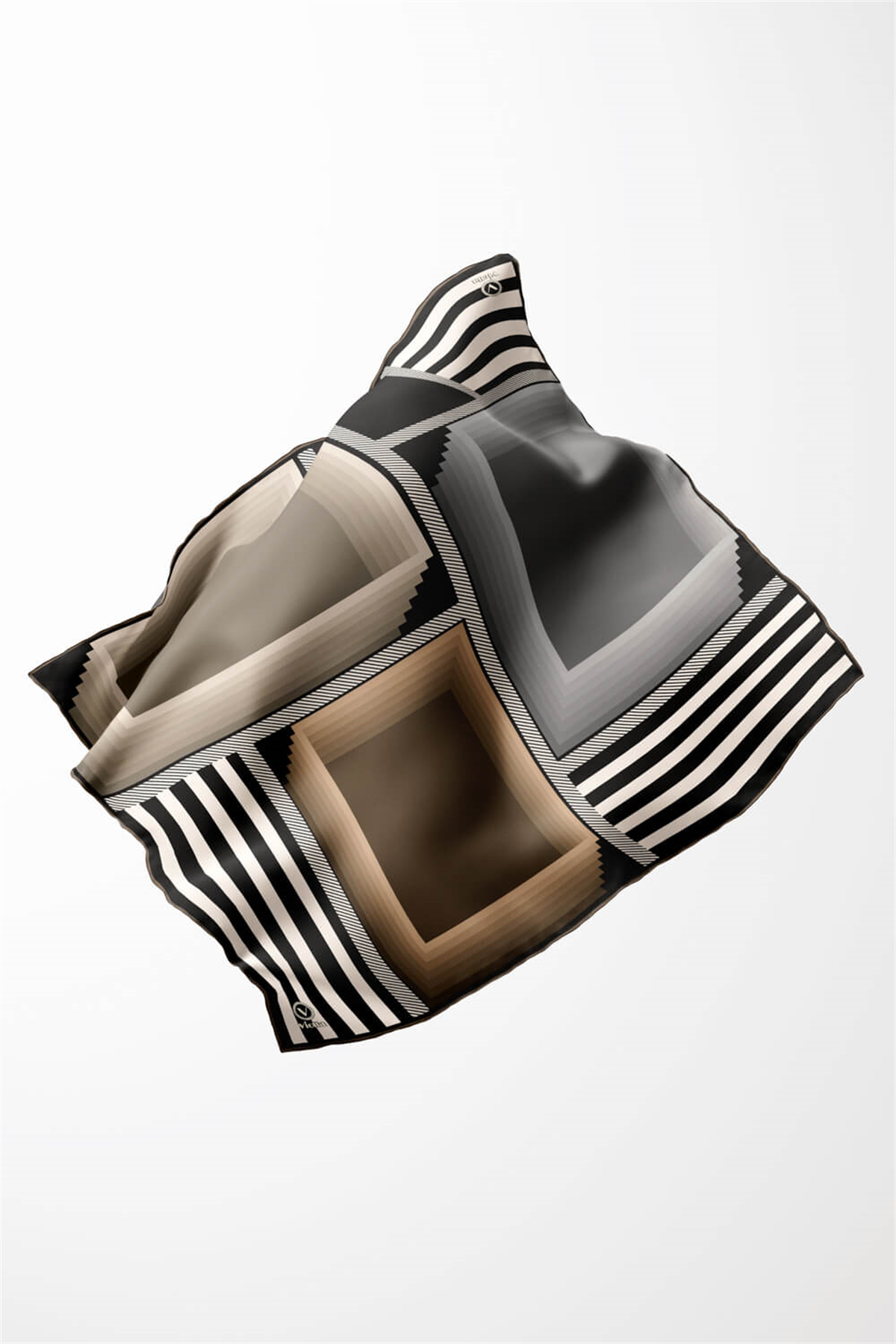Twill Geometrik Desenli Vizon Renkli 90x90 Eşarp (İpek İçermez) Kenar Dikiş Şekli El Dikişli