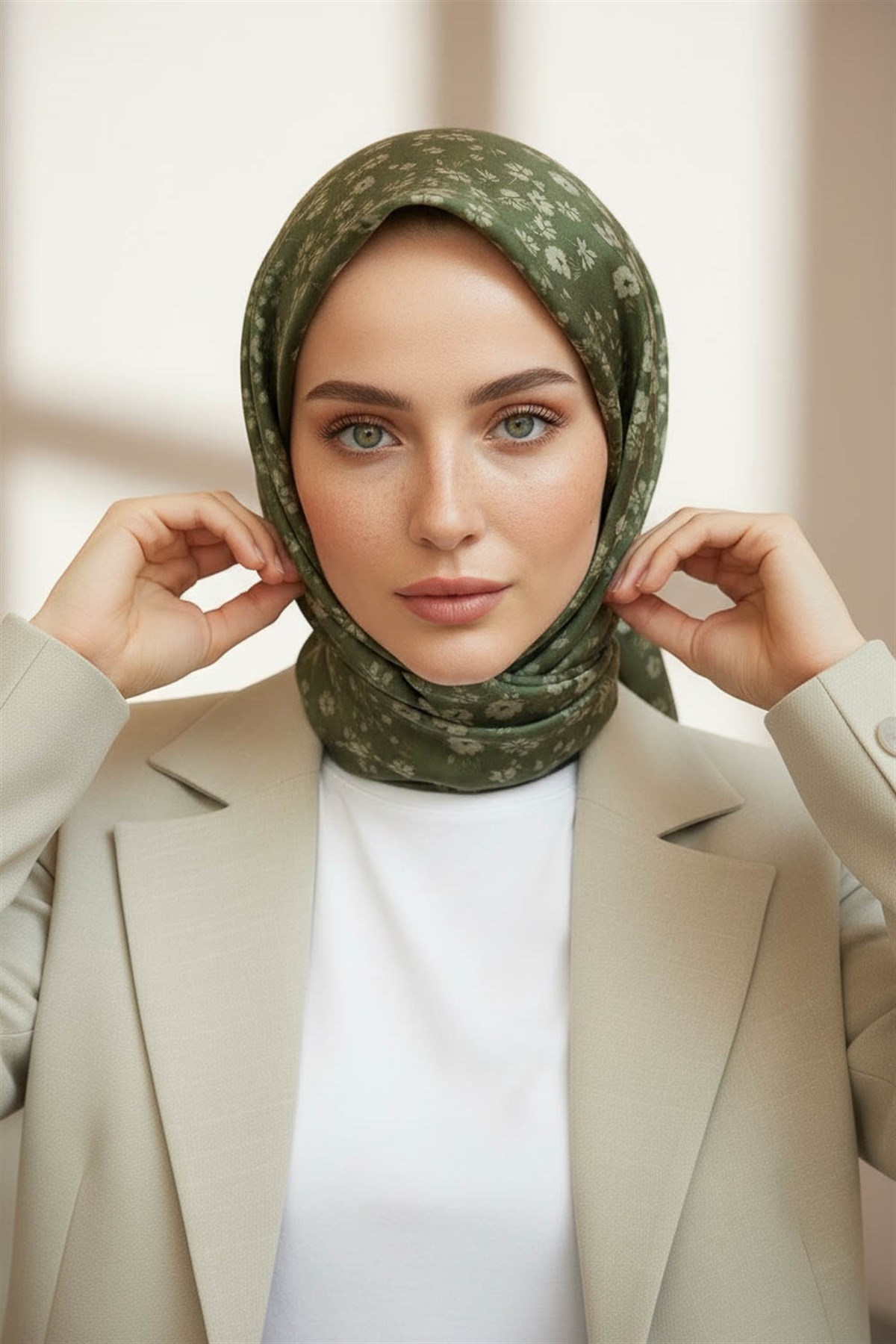 %100 Twill İpek Çıtır Çiçek Desenli Haki Renkli 90x90 Eşarp Dikim Şekli : El Dikişi
